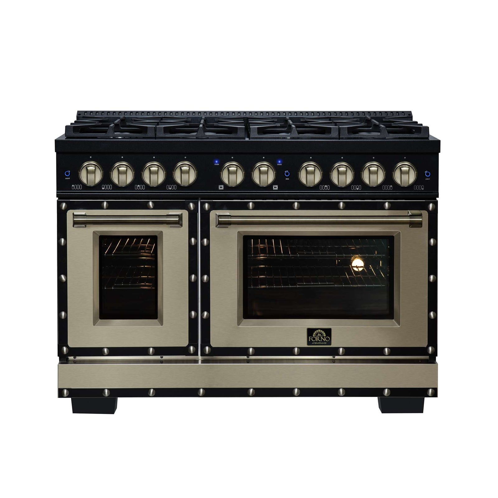 Forno Ambassador 48" Dual Fuel Range in Black, 8 Sealed Burners, 94 000 BTU Cooktop Output, 6.7 Cu.Ft. Double Oven, Telescopic Racks - FFSGS6199-48CPBLK
