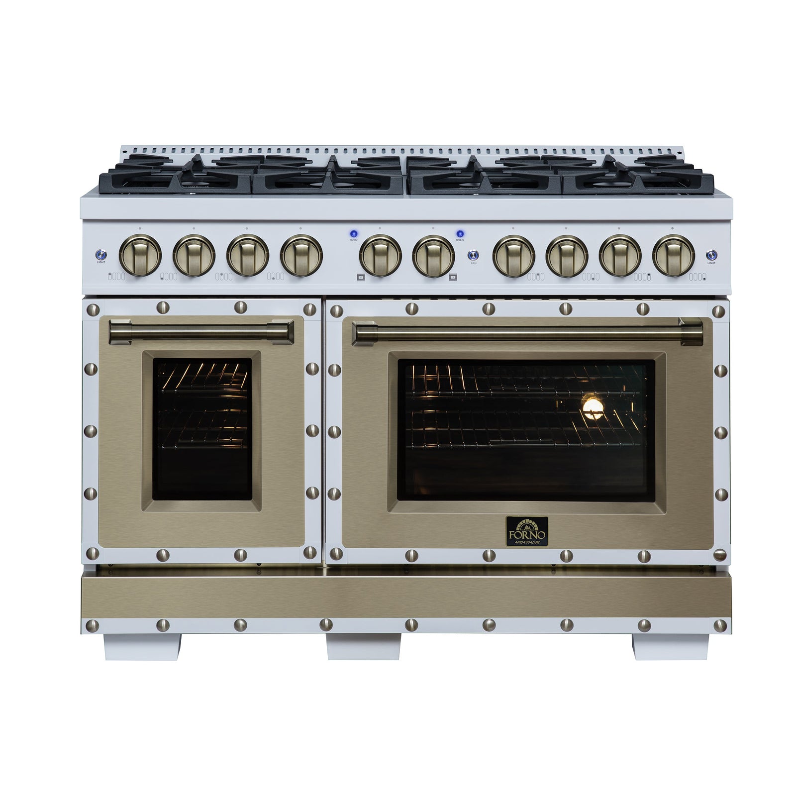 Forno Ambassador 48" Dual Fuel Range in White, 8 Sealed Burners, 94 000 BTU Cooktop Output, 6.7 Cu.Ft. Double Oven, Telescopic Racks - FFSGS6199-48CPWHT