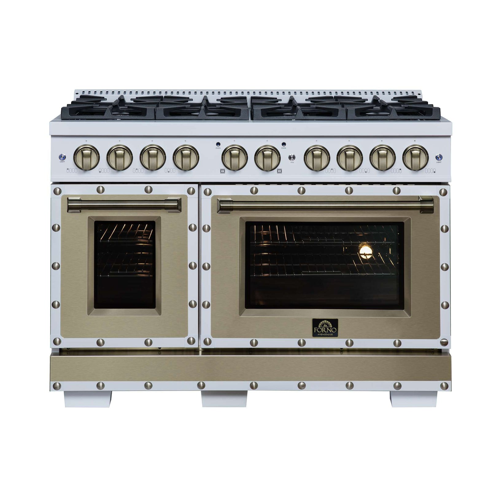 Forno Ambassador 48" Dual Fuel Range in White, 8 Sealed Burners, 94 000 BTU Cooktop Output, 6.7 Cu.Ft. Double Oven, Telescopic Racks - FFSGS6199-48CPWHT
