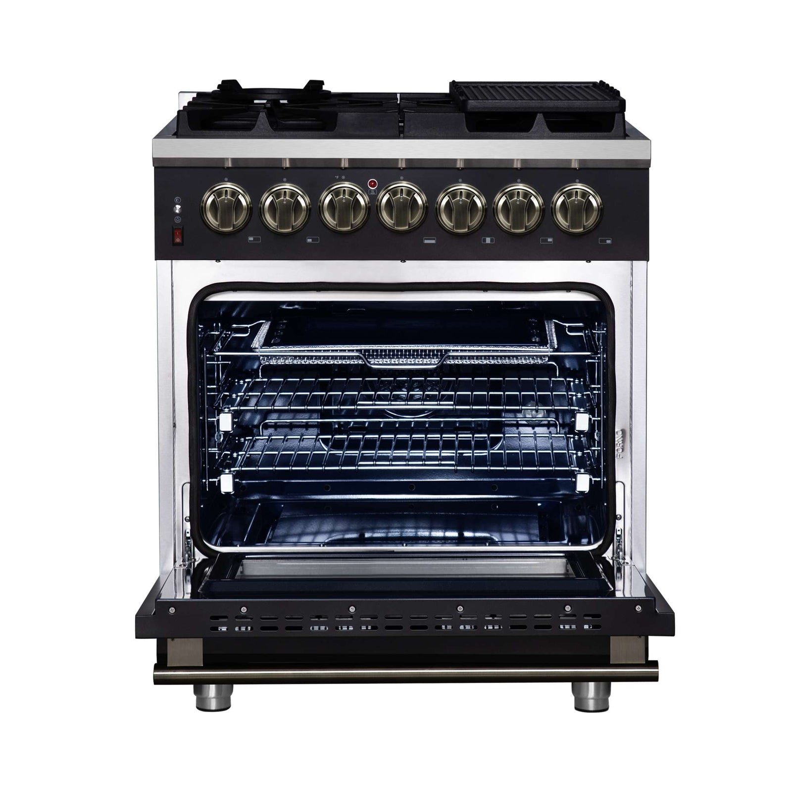 Forno Massimo 30-Inch Freestanding Dual Fuel Range in Black with Antique Brass Accessories, 4 Burners, 4.32 cu. ft. Convection Oven - FFSGS6125-30BLK