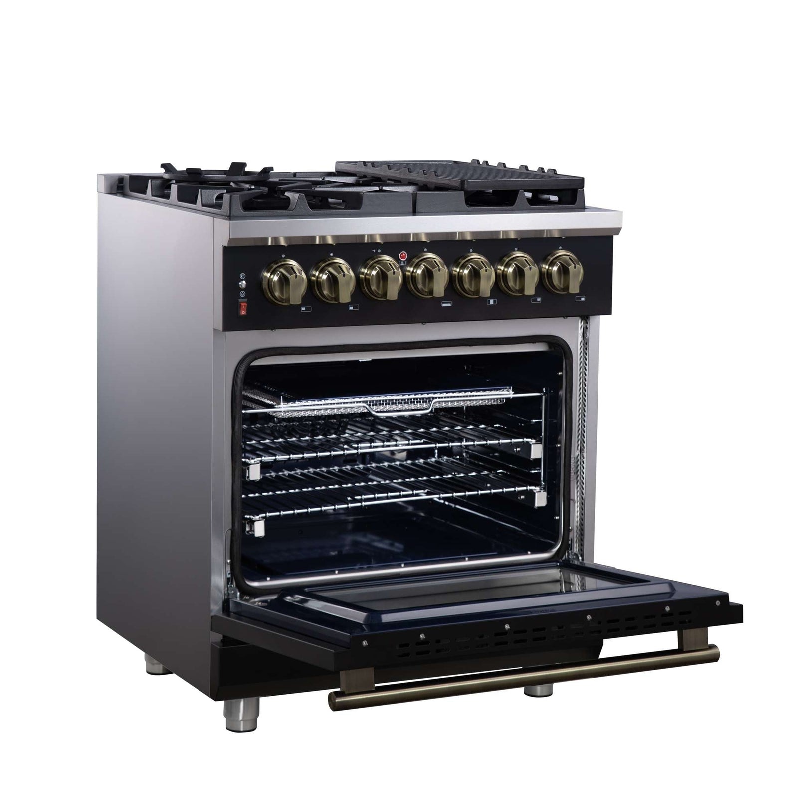 Forno Massimo 30-Inch Freestanding Dual Fuel Range in Black with Antique Brass Accessories, 4 Burners, 4.32 cu. ft. Convection Oven - FFSGS6125-30BLK