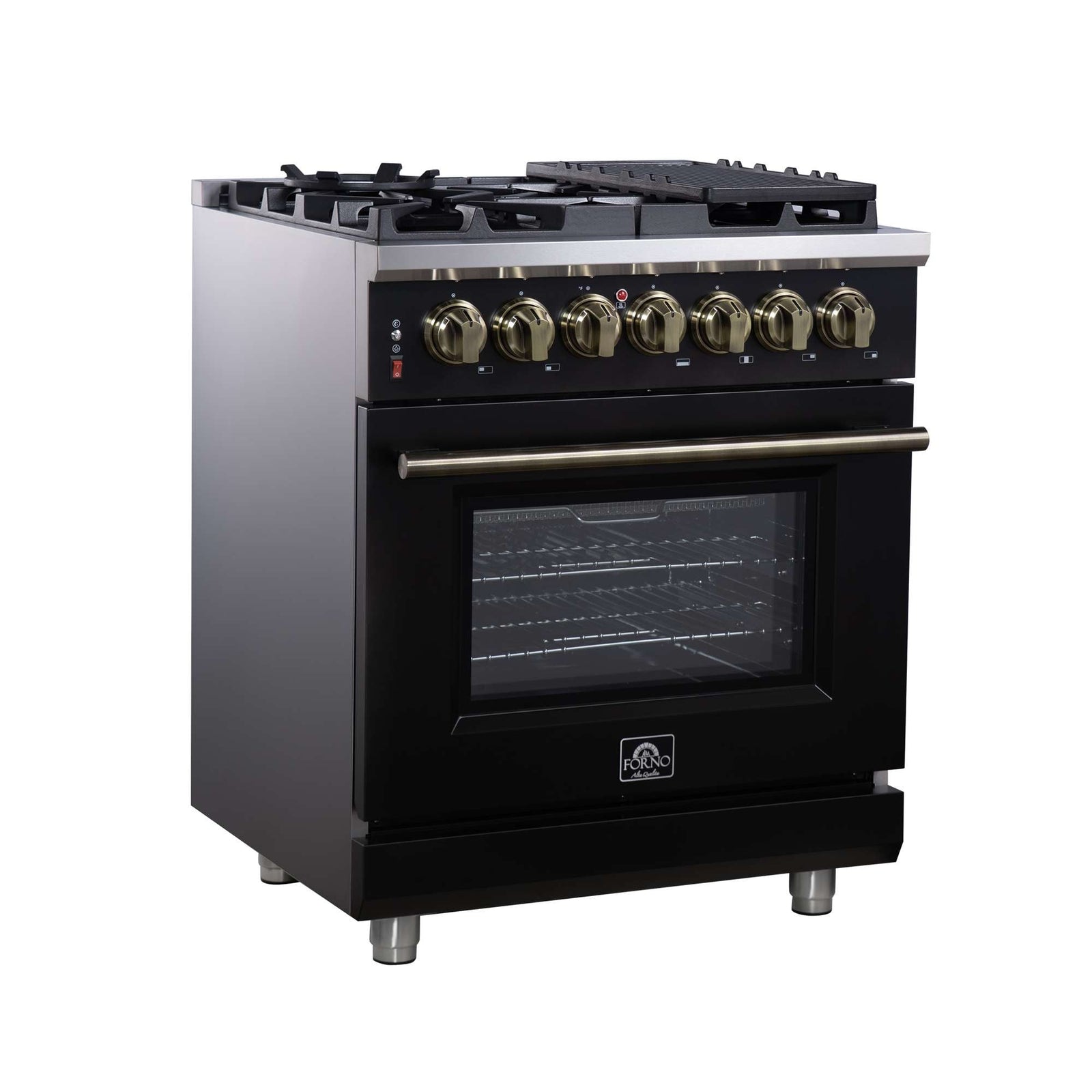 Forno Massimo 30-Inch Freestanding Dual Fuel Range in Black with Antique Brass Accessories, 4 Burners, 4.32 cu. ft. Convection Oven - FFSGS6125-30BLK