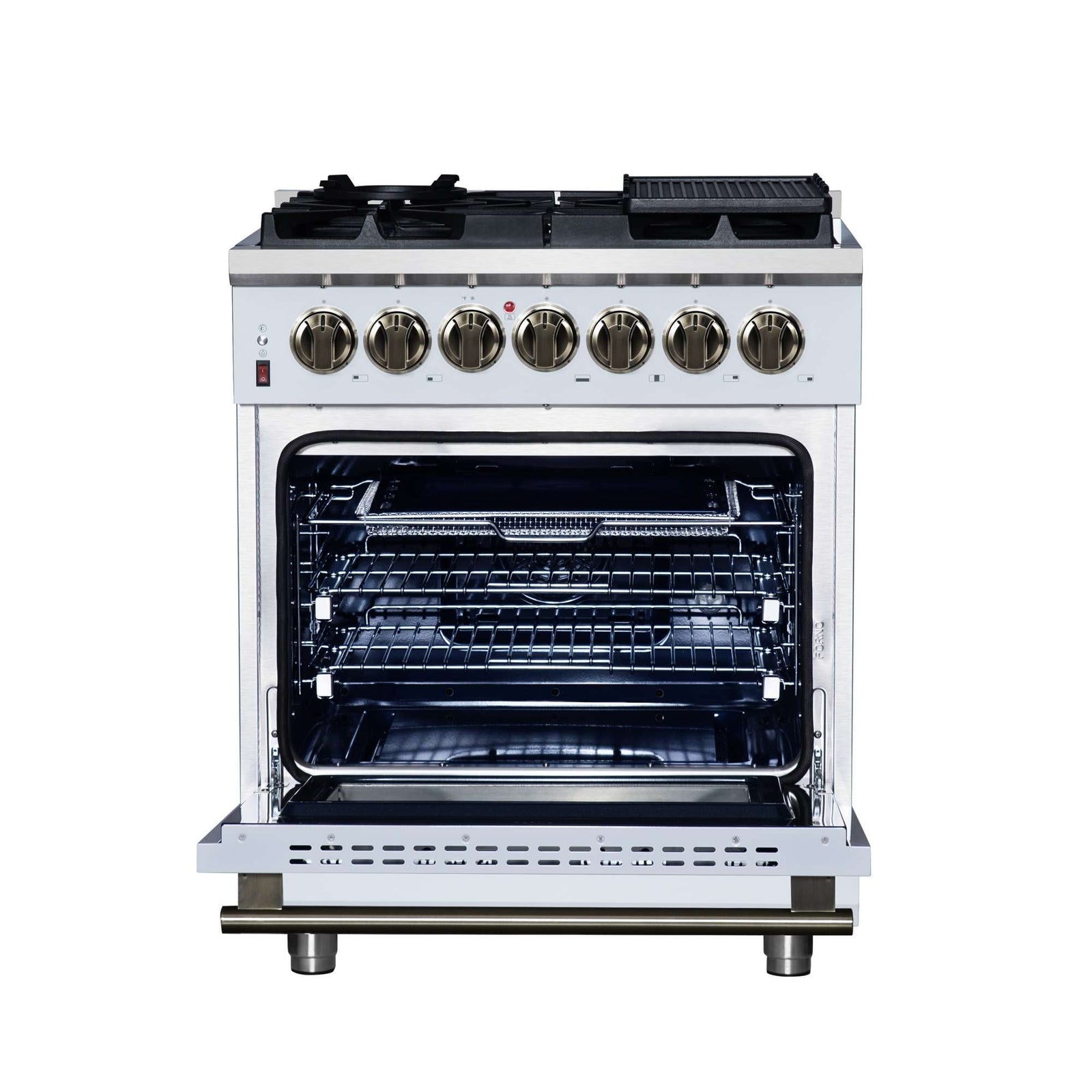 Forno Massimo 30-Inch Freestanding Dual Fuel Range in White with Antique Brass Accessories, 4 Burners, 4.32 cu. ft. Convection Oven - FFSGS6125-30WHT