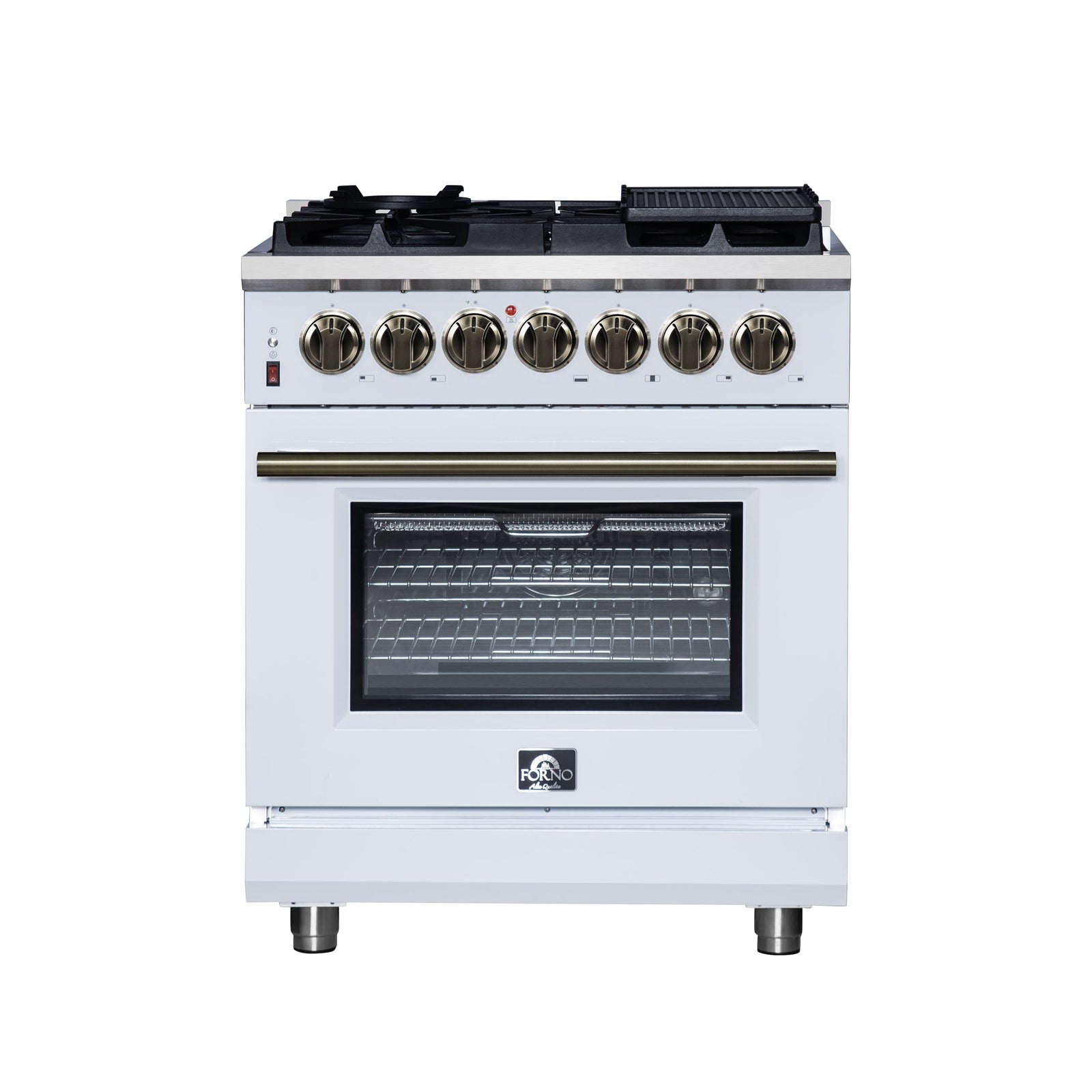 Forno Massimo 30-Inch Freestanding Dual Fuel Range in White with Antique Brass Accessories, 4 Burners, 4.32 cu. ft. Convection Oven - FFSGS6125-30WHT