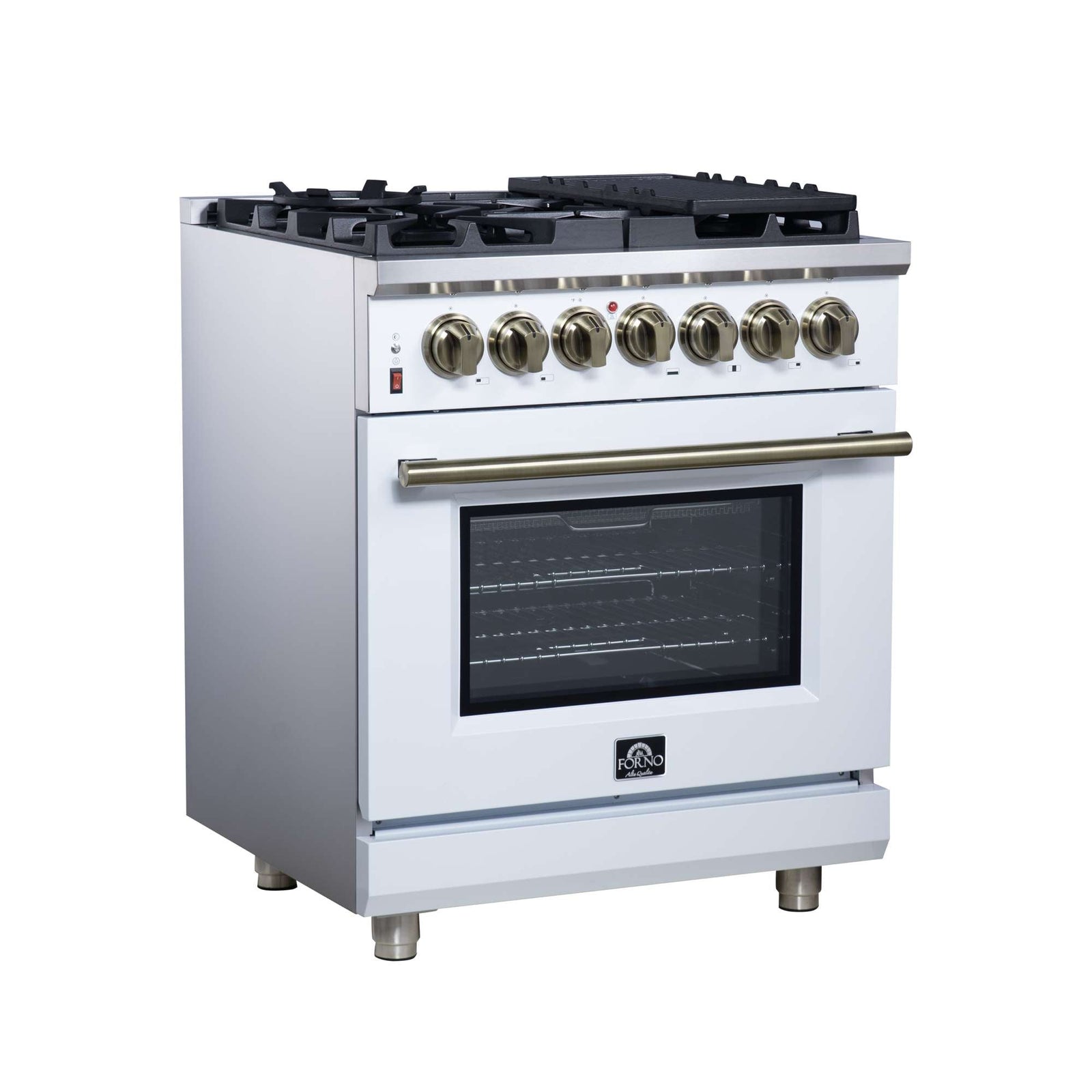 Forno Massimo 30-Inch Freestanding Dual Fuel Range in White with Antique Brass Accessories, 4 Burners, 4.32 cu. ft. Convection Oven - FFSGS6125-30WHT