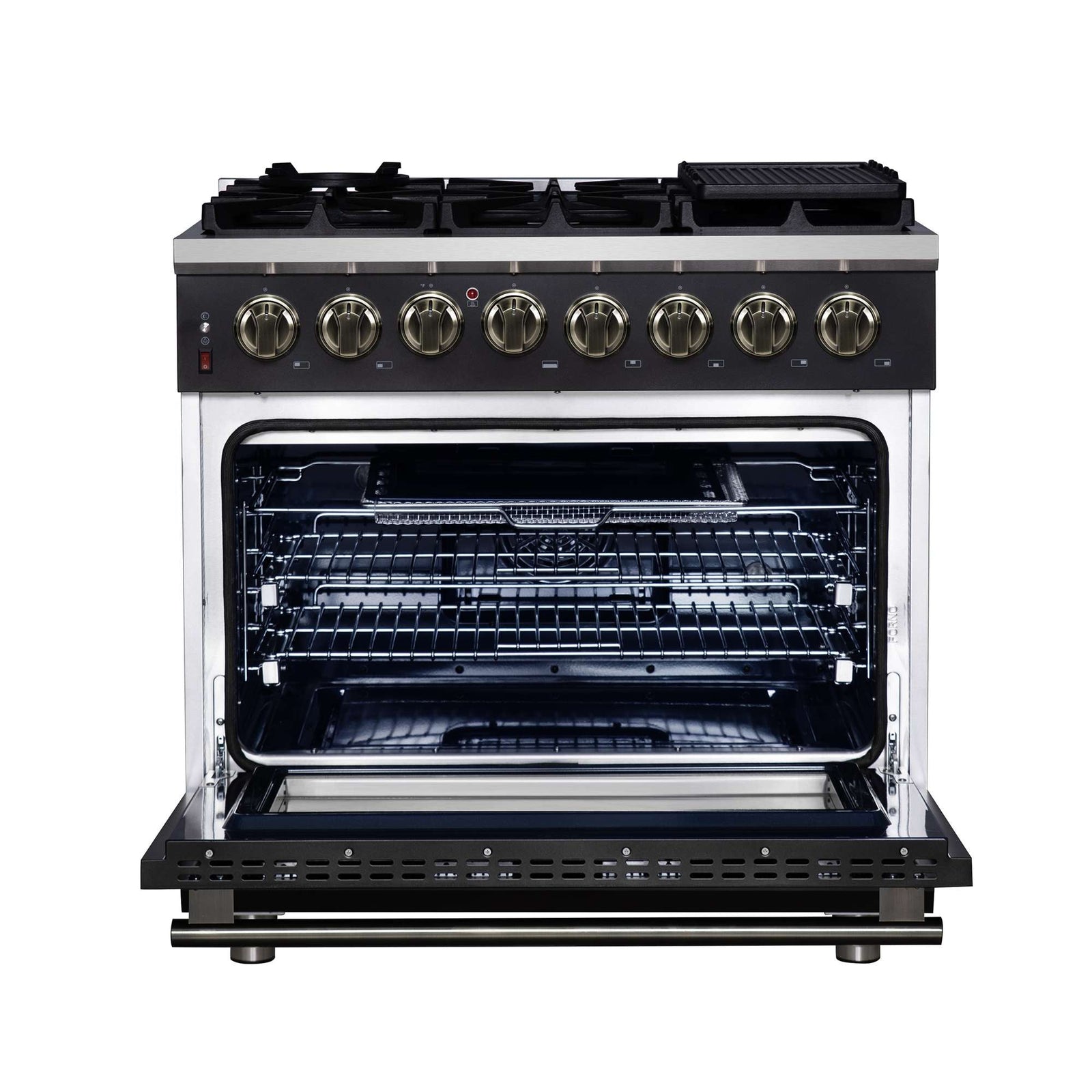 Forno Massimo 36 Inch Freestanding Dual Fuel Range in Black with Antique Brass Accessories, 6 Burners, 5.36 cu. ft. Convection Oven - FFSGS6125-36BLK