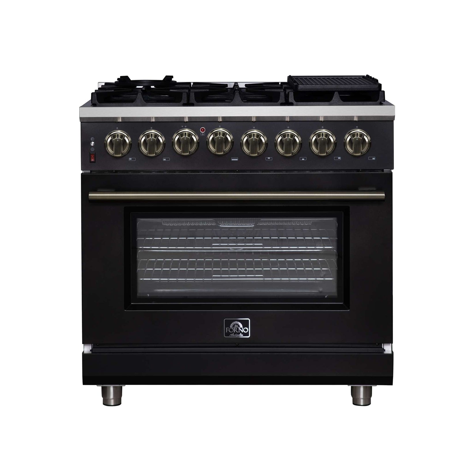 Forno Massimo 36 Inch Freestanding Dual Fuel Range in Black with Antique Brass Accessories, 6 Burners, 5.36 cu. ft. Convection Oven - FFSGS6125-36BLK