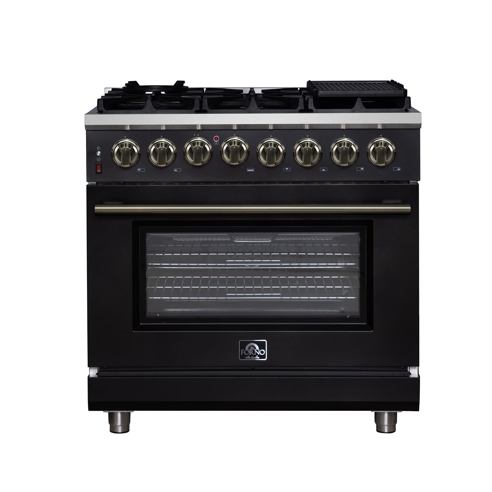Forno Massimo 36 Inch Freestanding Dual Fuel Range in Black with Antique Brass Accessories, 6 Burners, 5.36 cu. ft. Convection Oven - FFSGS6125-36BLK