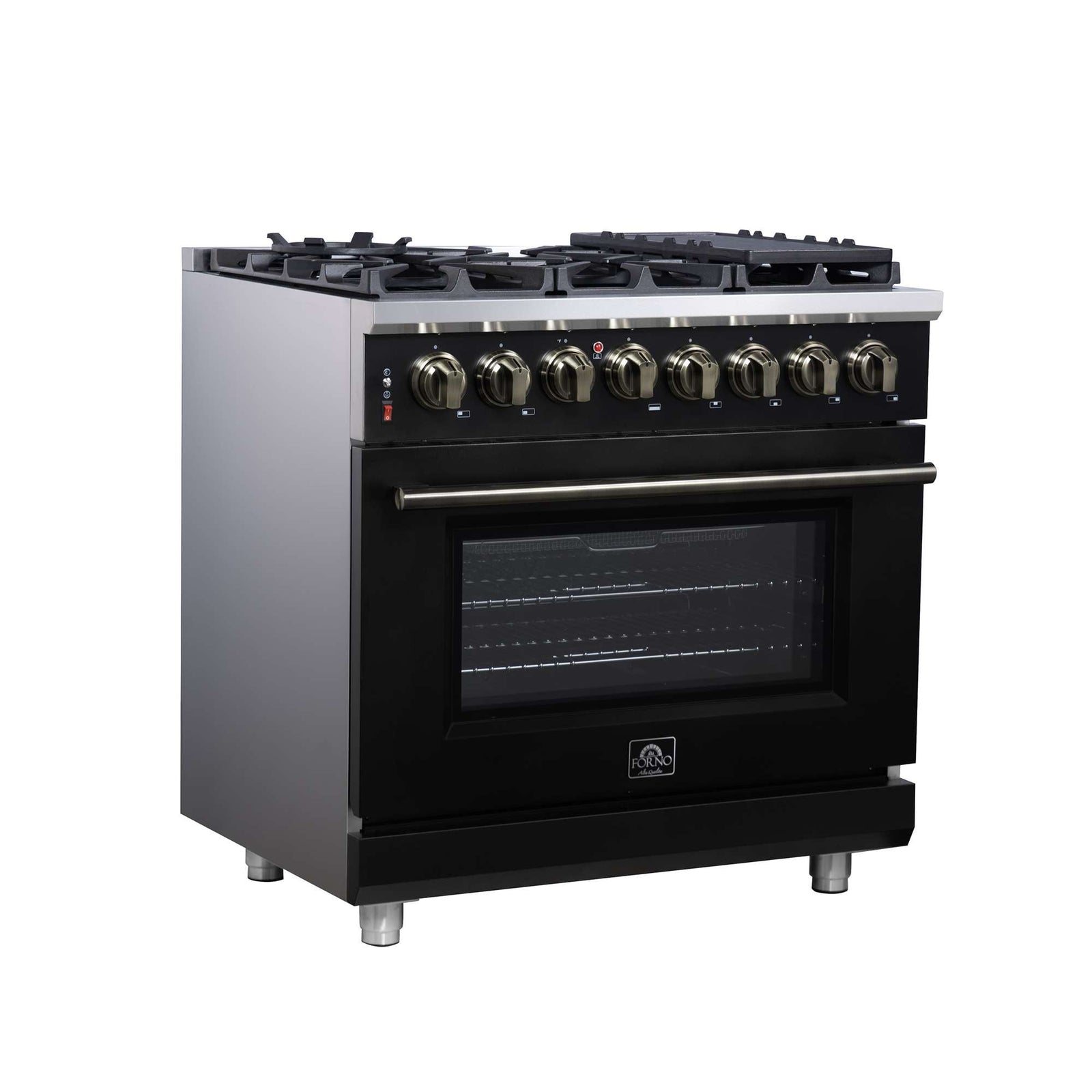 Forno Massimo 36 Inch Freestanding Dual Fuel Range in Black with Antique Brass Accessories, 6 Burners, 5.36 cu. ft. Convection Oven - FFSGS6125-36BLK