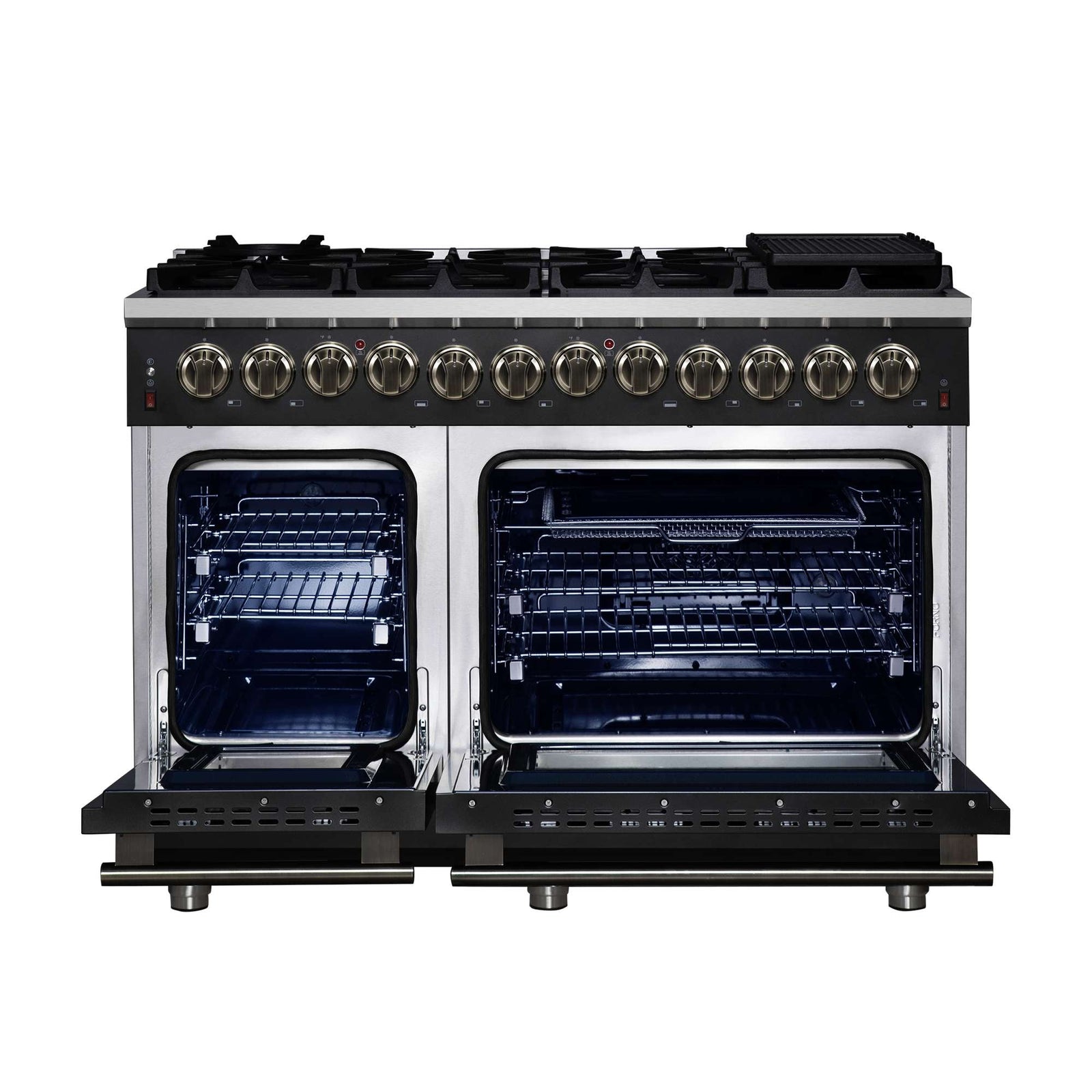 Forno Massimo 48 Inch Freestanding Dual Fuel Range in Black with Antique Brass Accessories, 8 Burners, 6.58 cu. ft. Convection Oven - FFSGS6125-48BLK