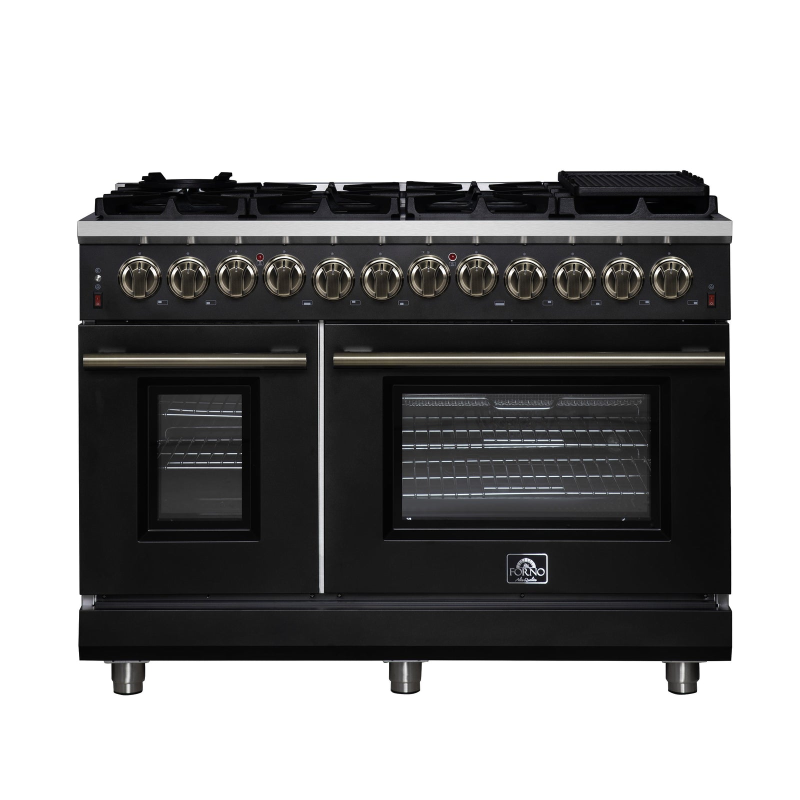 Forno Massimo 48 Inch Freestanding Dual Fuel Range in Black with Antique Brass Accessories, 8 Burners, 6.58 cu. ft. Convection Oven - FFSGS6125-48BLK