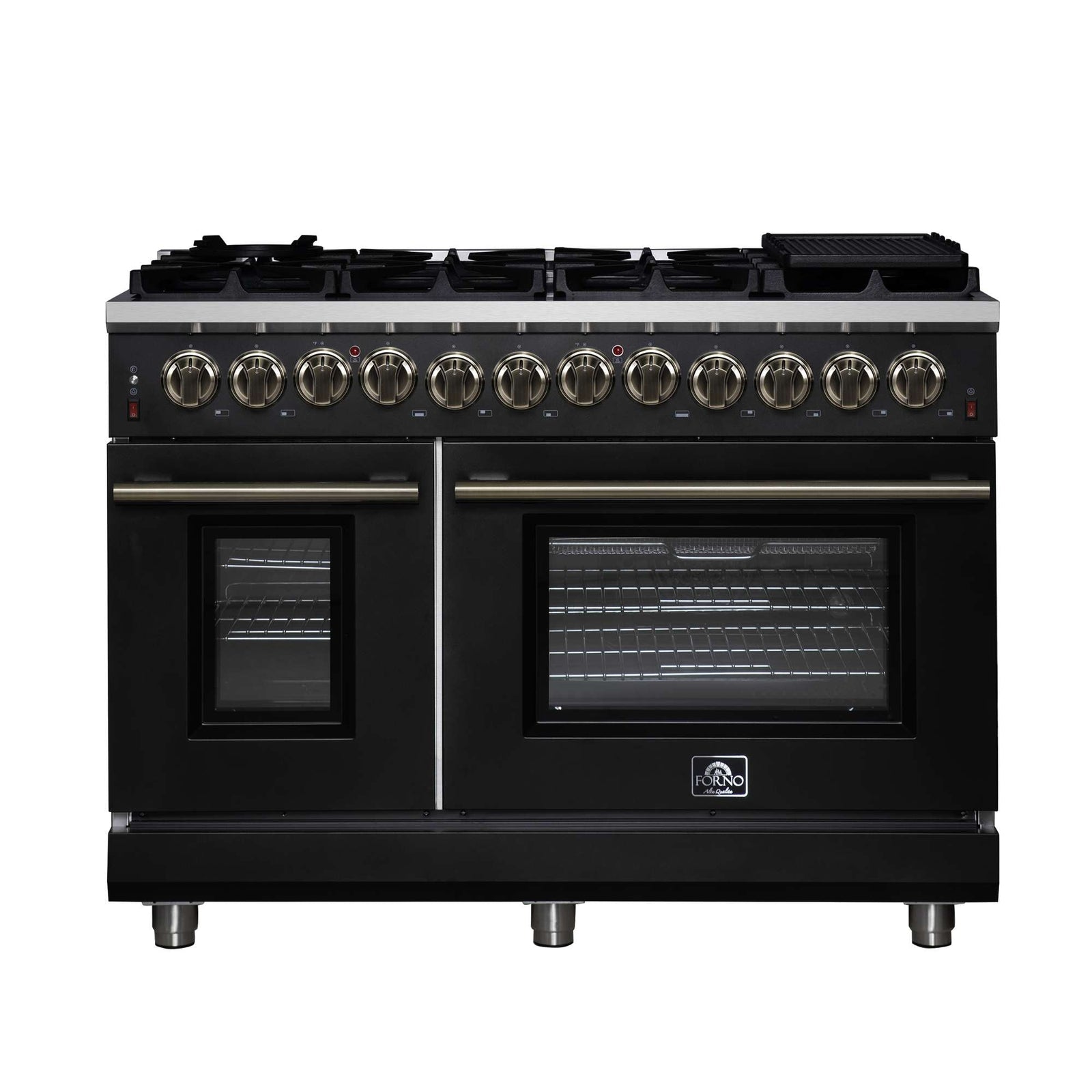 Forno Massimo 48 Inch Freestanding Dual Fuel Range in Black with Antique Brass Accessories, 8 Burners, 6.58 cu. ft. Convection Oven - FFSGS6125-48BLK