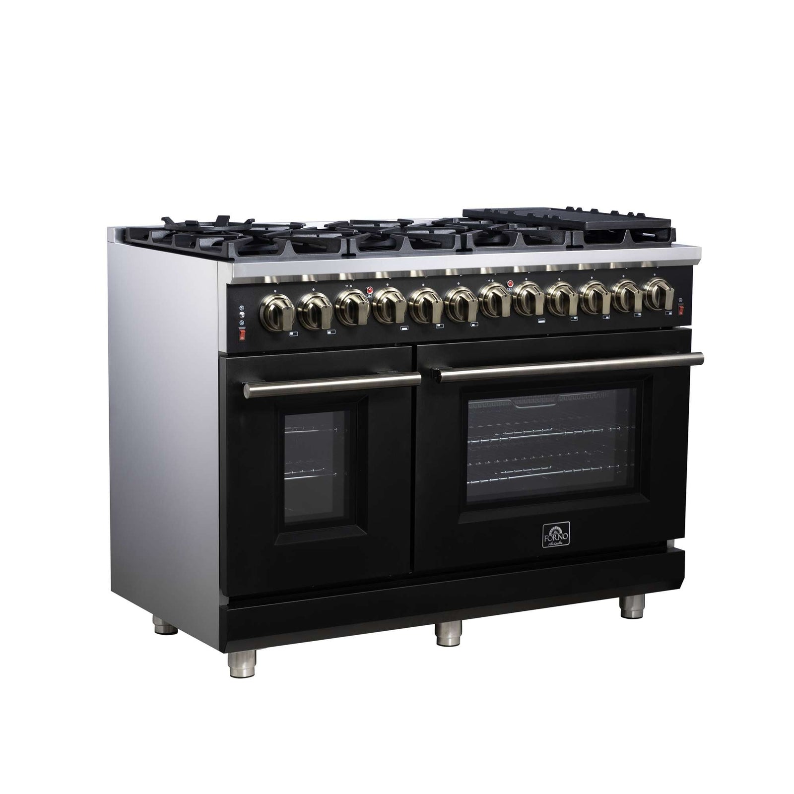 Forno Massimo 48 Inch Freestanding Dual Fuel Range in Black with Antique Brass Accessories, 8 Burners, 6.58 cu. ft. Convection Oven - FFSGS6125-48BLK