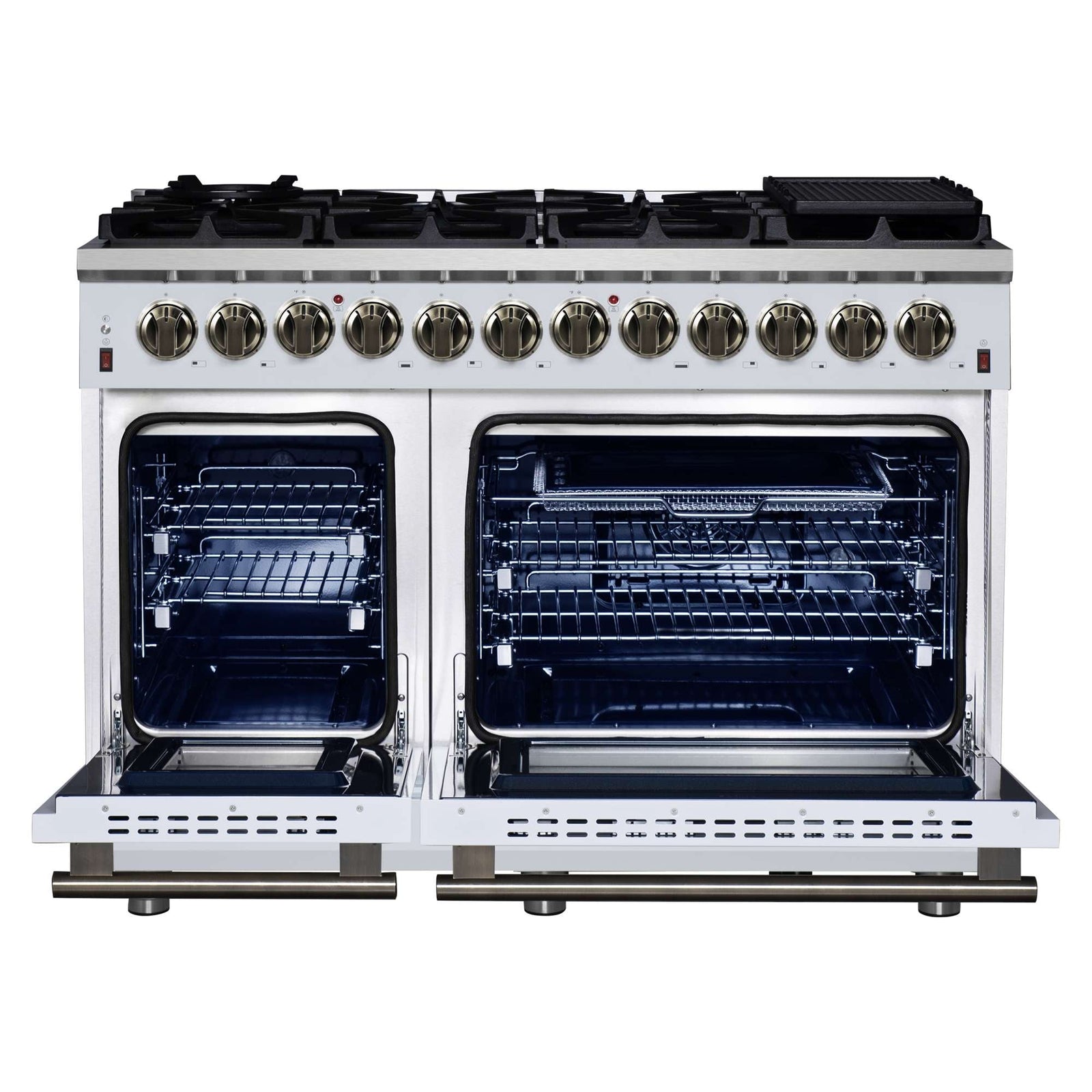 Forno Massimo 48 Inch Freestanding Dual Fuel Range in White with Antique Brass Accessories, 8 Burners, 6.58 cu. ft. Convection Oven - FFSGS6125-48WHT