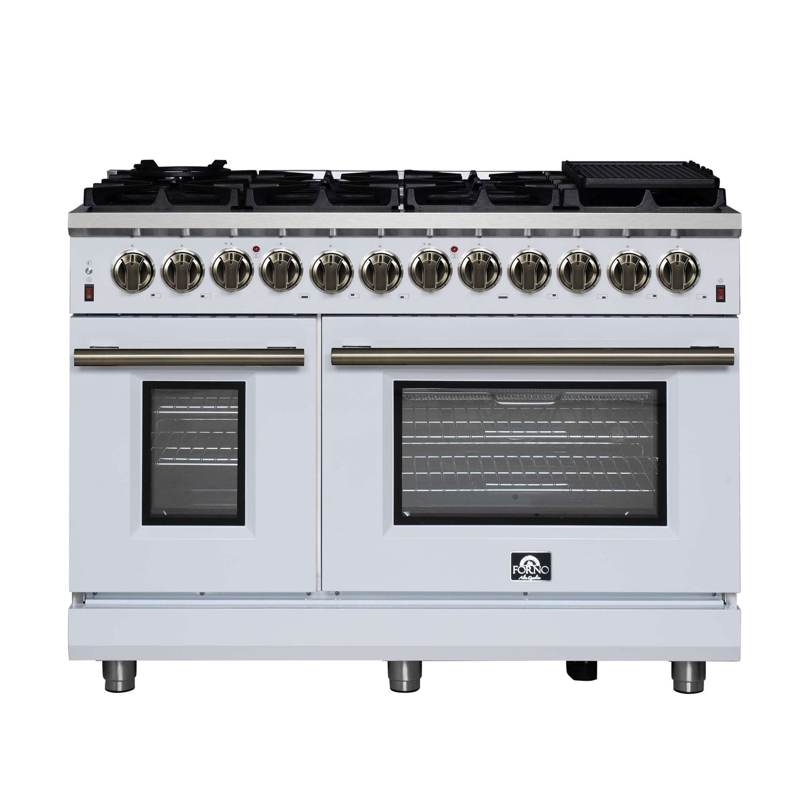 Forno Massimo 48 Inch Freestanding Dual Fuel Range in White with Antique Brass Accessories, 8 Burners, 6.58 cu. ft. Convection Oven - FFSGS6125-48WHT
