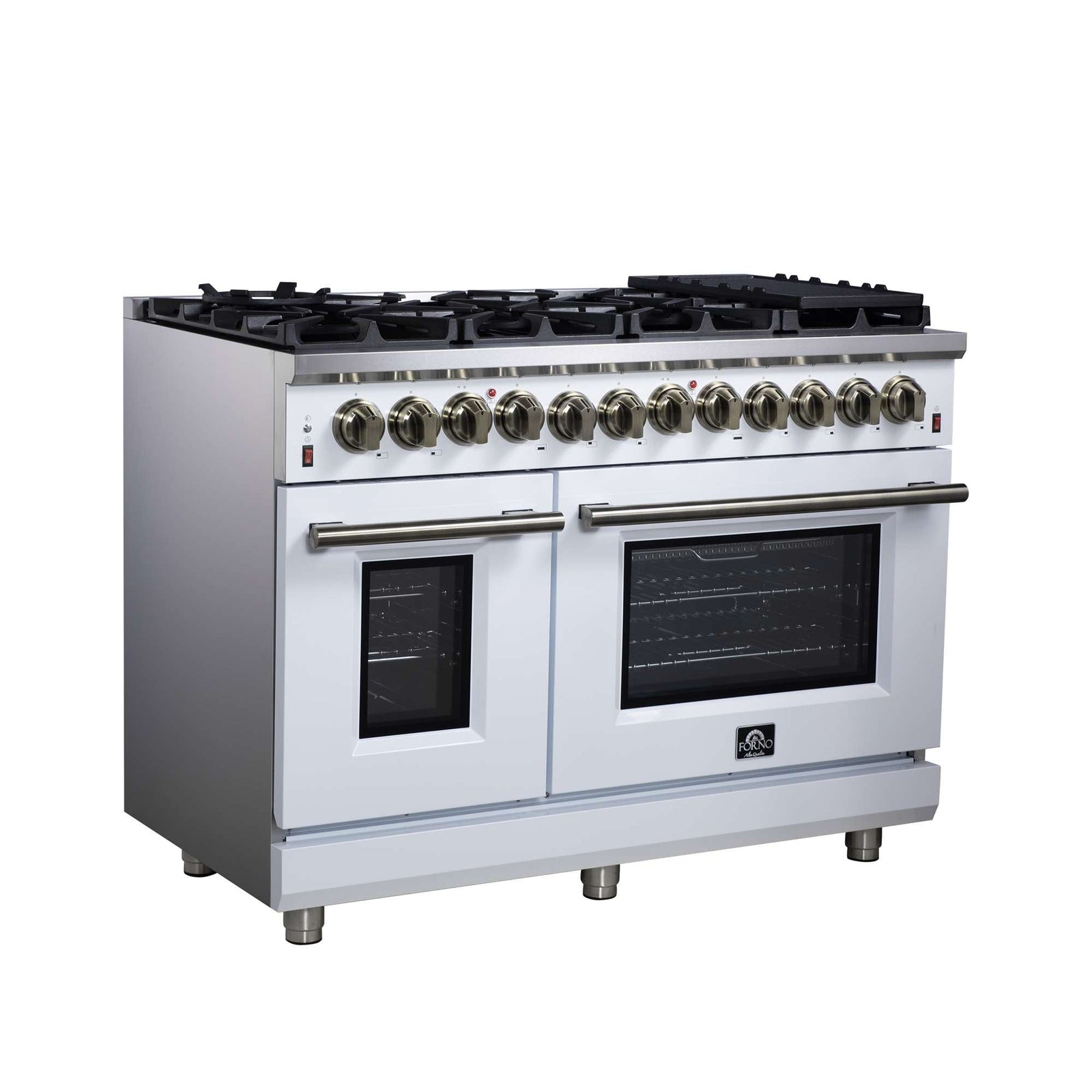 Forno Massimo 48 Inch Freestanding Dual Fuel Range in White with Antique Brass Accessories, 8 Burners, 6.58 cu. ft. Convection Oven - FFSGS6125-48WHT