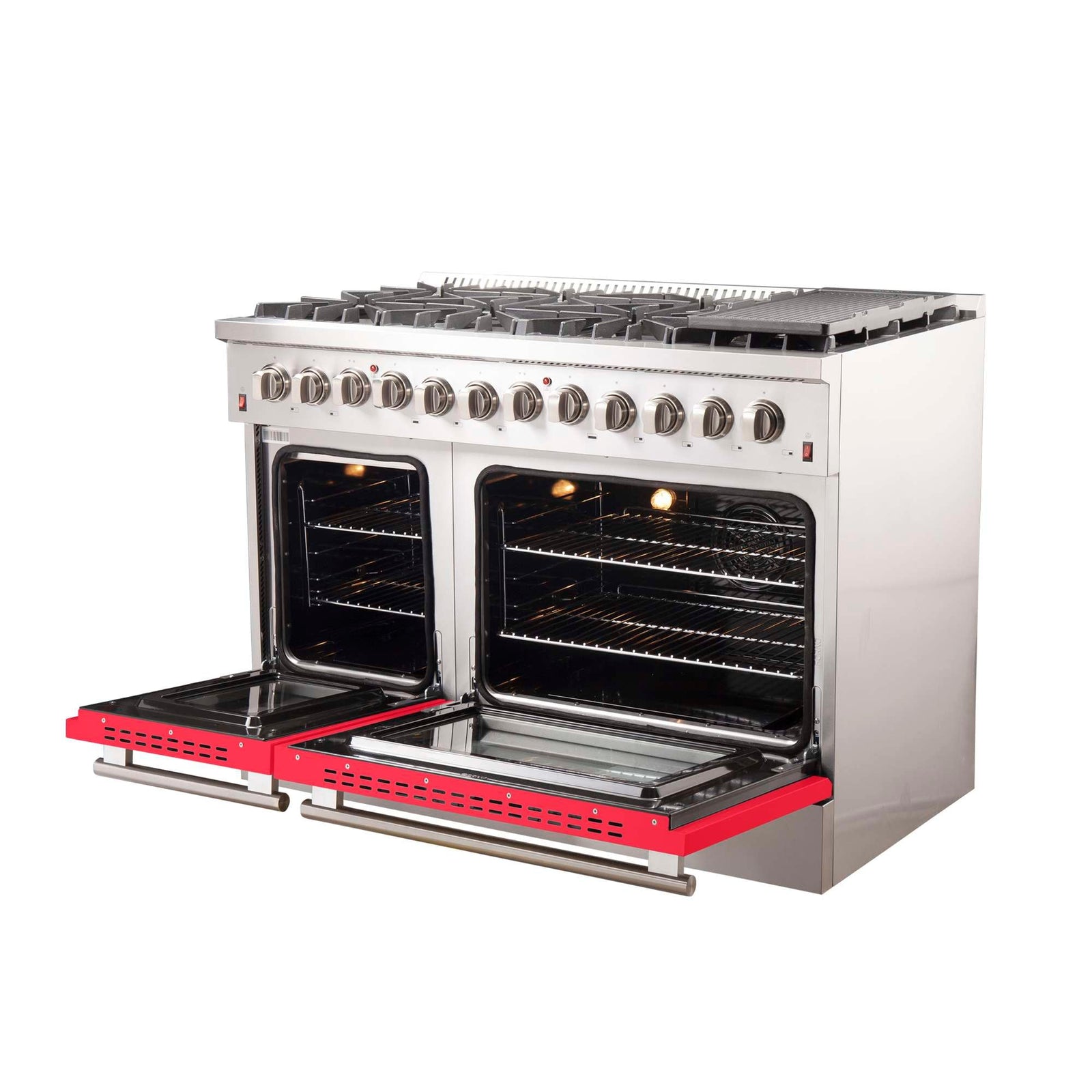 Forno Galiano 48-Inch Freestanding Dual Fuel Range, 8 Burners, Double Convection Ovens, Red Doors - FFSGS6156-48RED