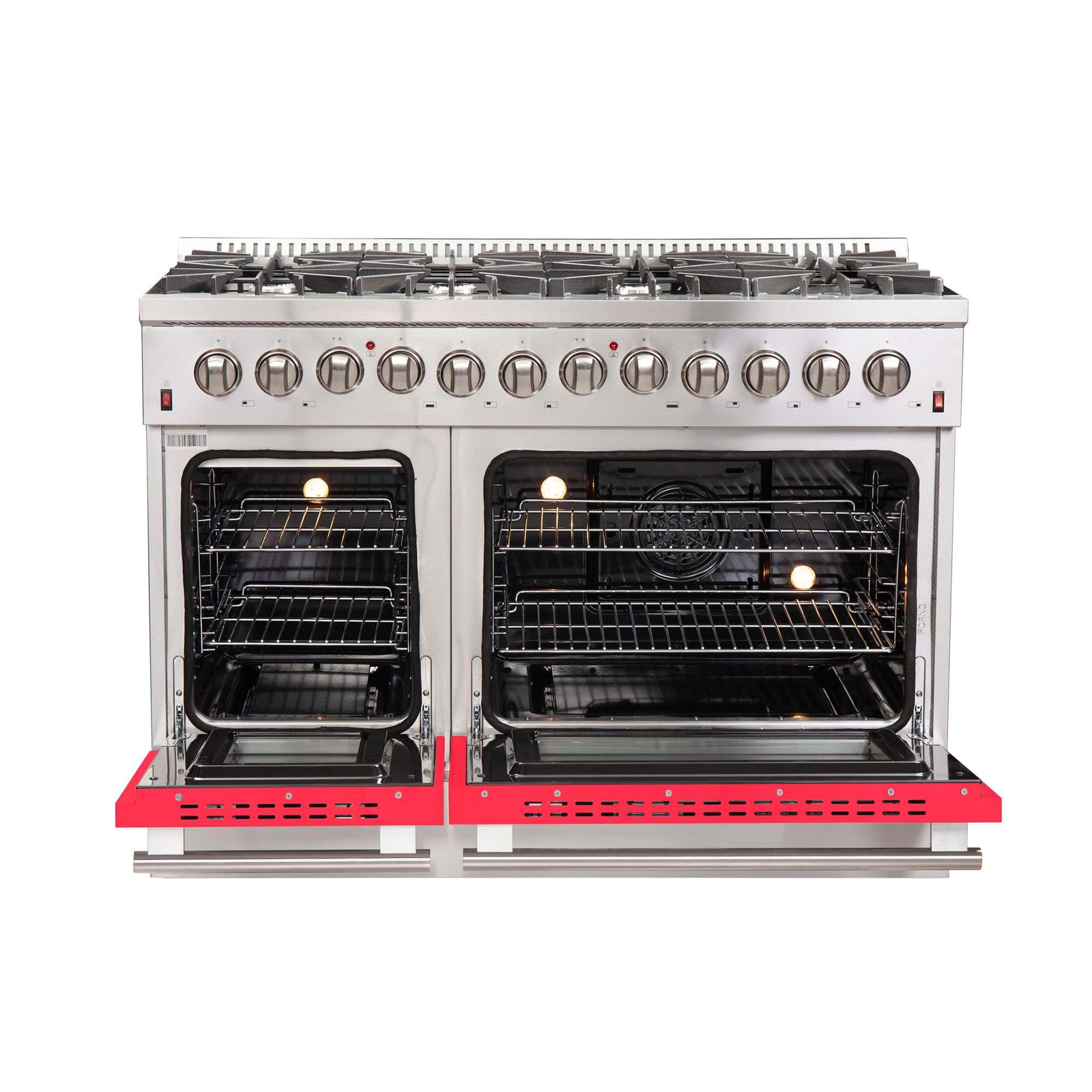 Forno Galiano 48-Inch Freestanding Dual Fuel Range, 8 Burners, Double Convection Ovens, Red Doors - FFSGS6156-48RED