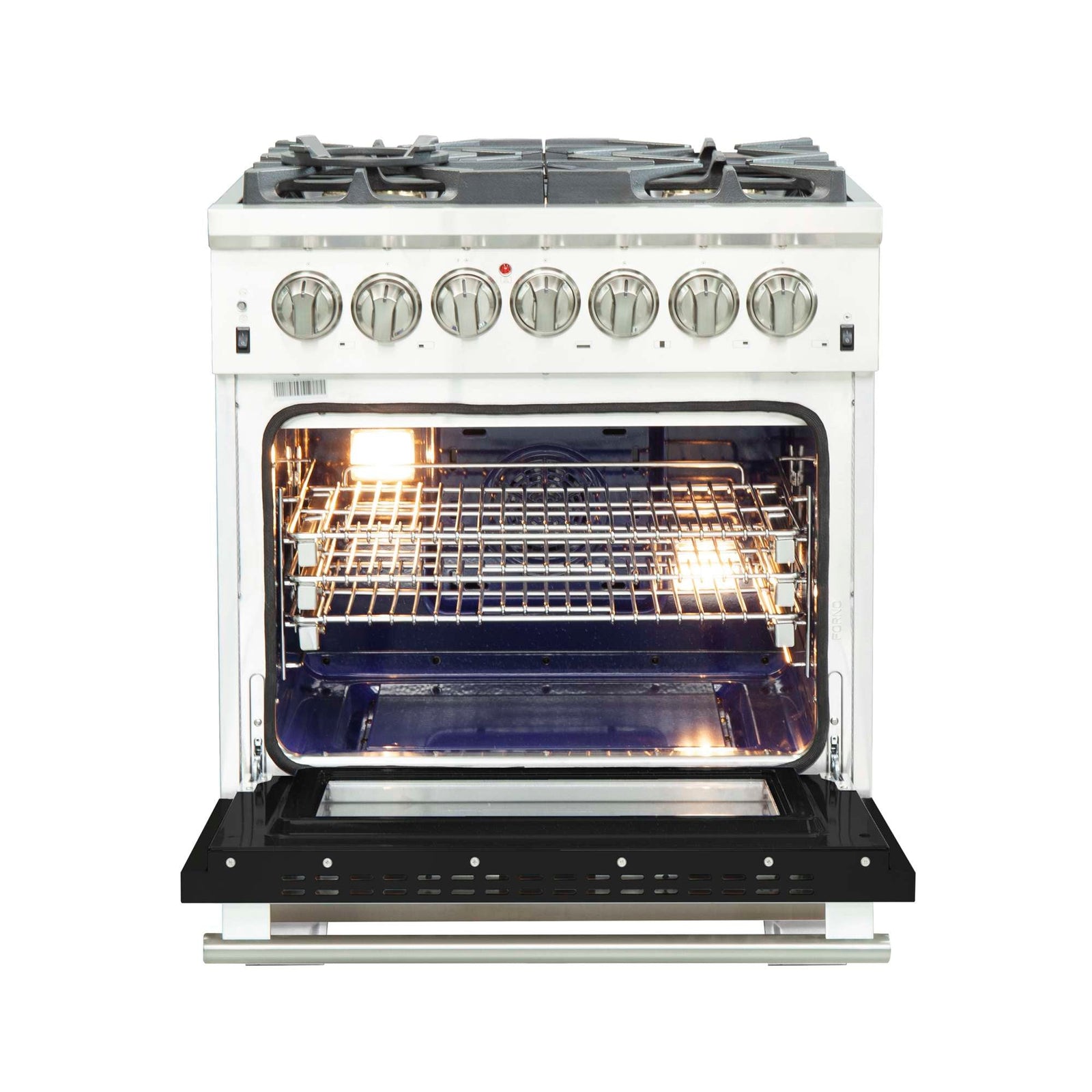 Forno Capriasca 30-Inch Freestanding Dual Fuel Range, 4 Burners, True Convection Oven, Black Door - FFSGS6187-30BLK