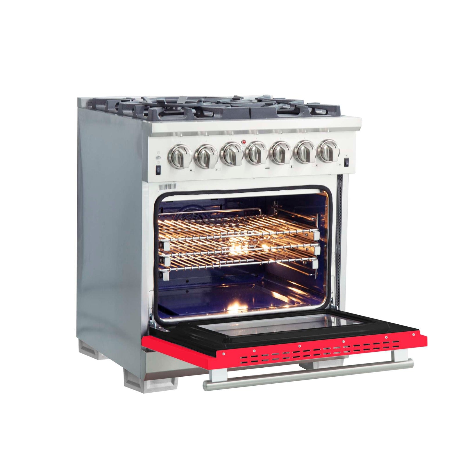 Forno Capriasca 30-Inch Freestanding Dual Fuel Range, 4 Burners, True Convection Oven, Red Door - FFSGS6187-30RED