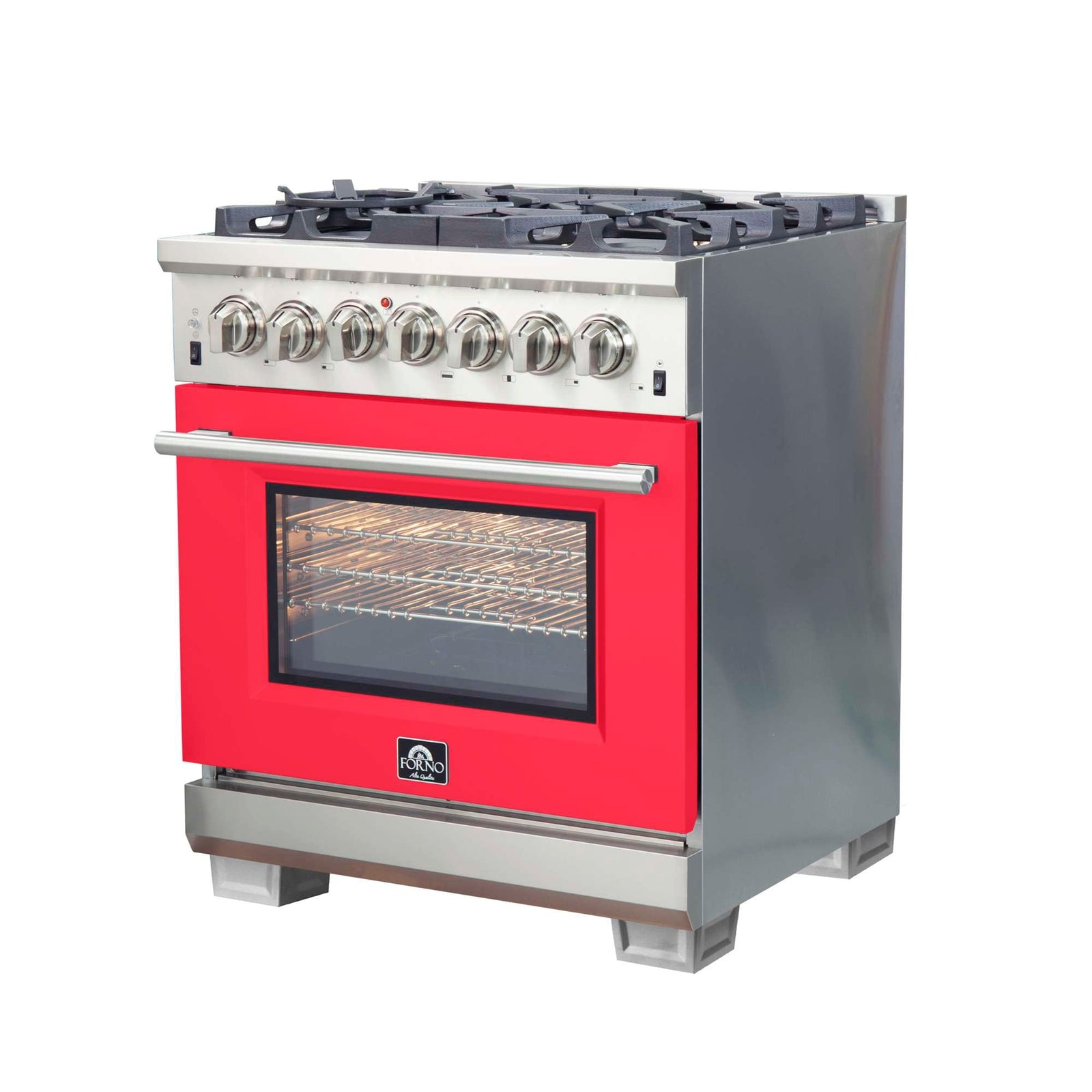 Forno Capriasca 30-Inch Freestanding Dual Fuel Range, 4 Burners, True Convection Oven, Red Door - FFSGS6187-30RED