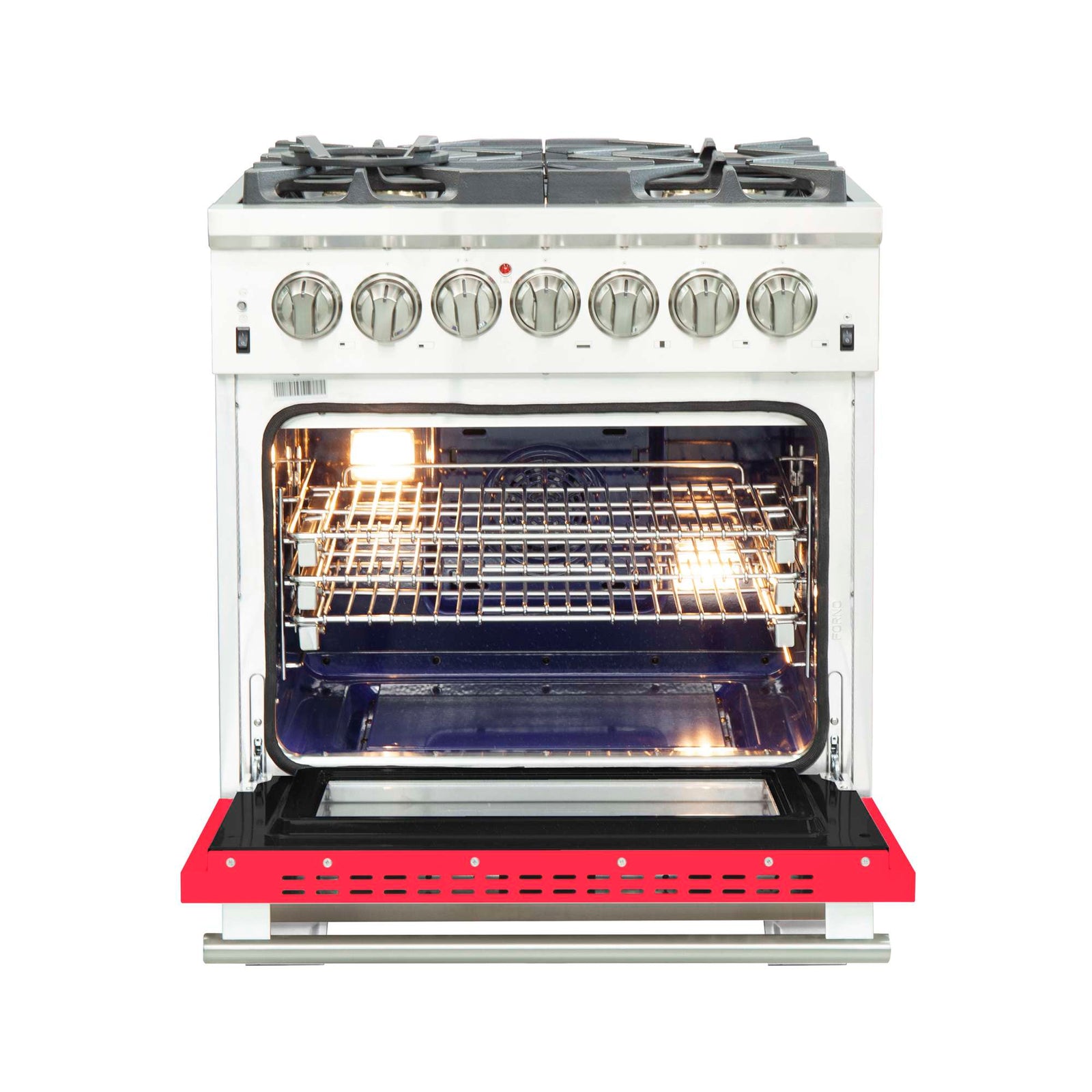 Forno Capriasca 30-Inch Freestanding Dual Fuel Range, 4 Burners, True Convection Oven, Red Door - FFSGS6187-30RED