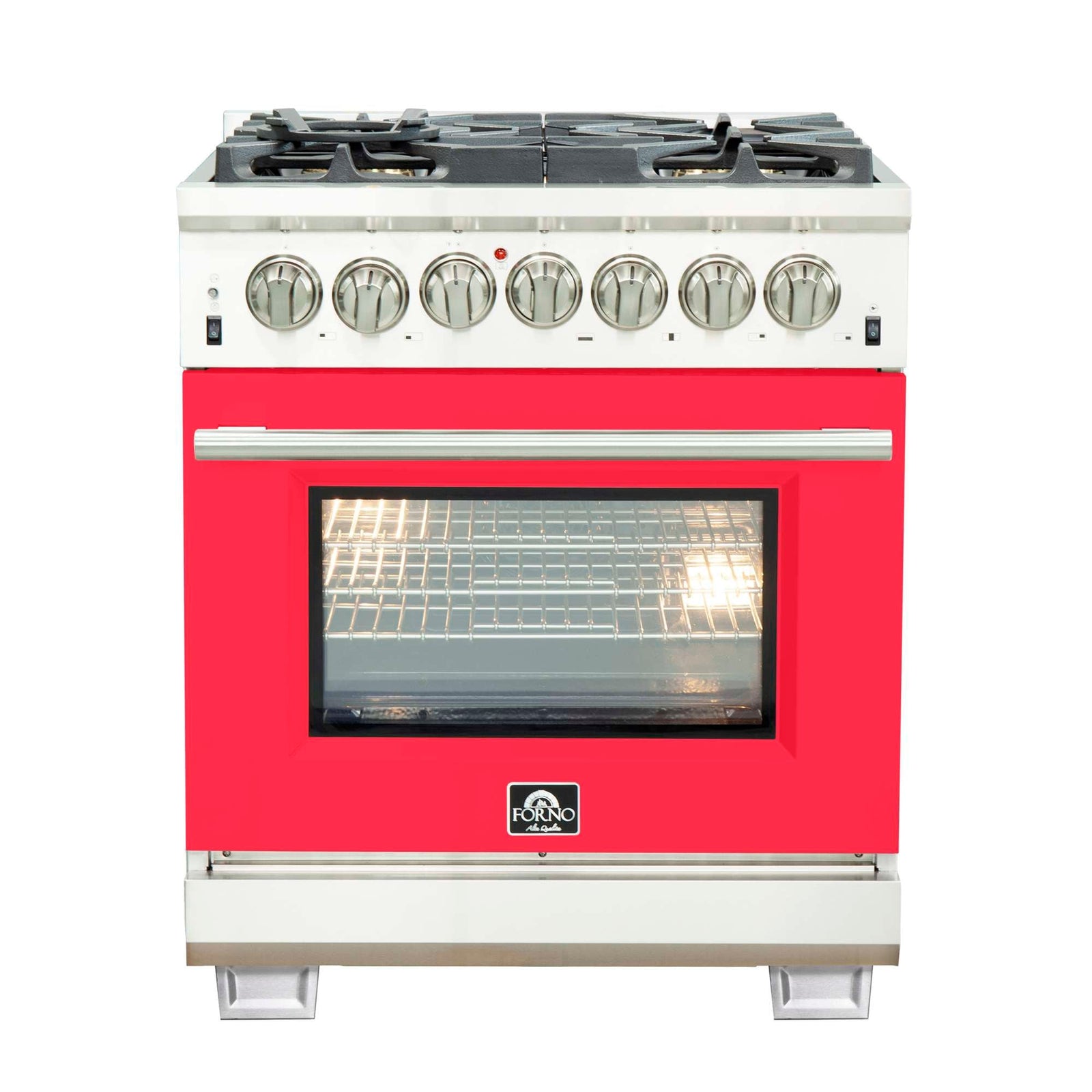 Forno Capriasca 30-Inch Freestanding Dual Fuel Range, 4 Burners, True Convection Oven, Red Door - FFSGS6187-30RED