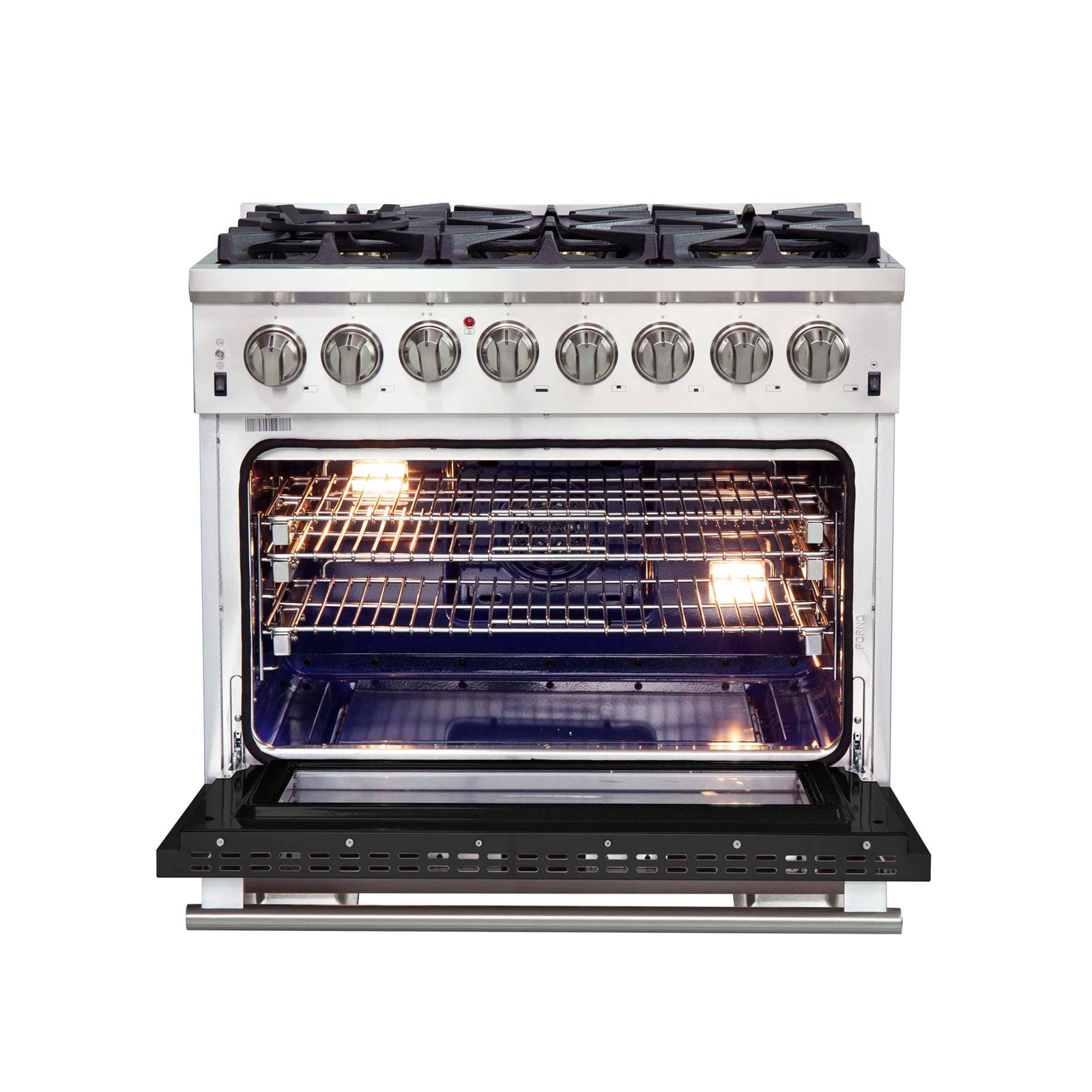 Forno Capriasca 36-Inch Freestanding Dual Fuel Range, 6 Burners, True Convection Oven, Black Door - FFSGS6187-36BLK
