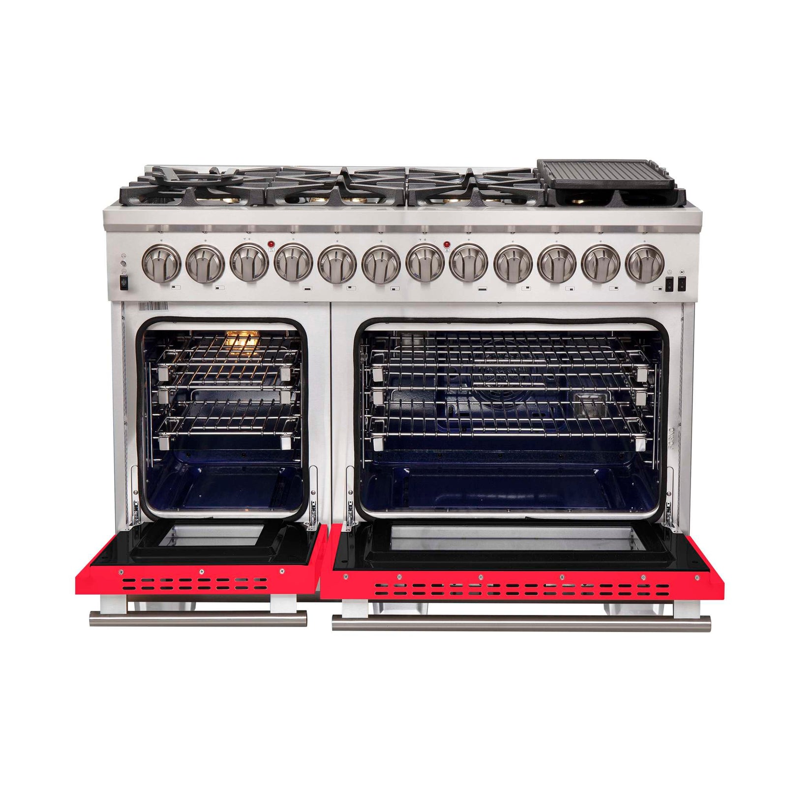 Forno Capriasca 48-Inch Freestanding Dual Fuel Range, 8 Burners, True Convection Oven, Red Doors - FFSGS6187-48RED