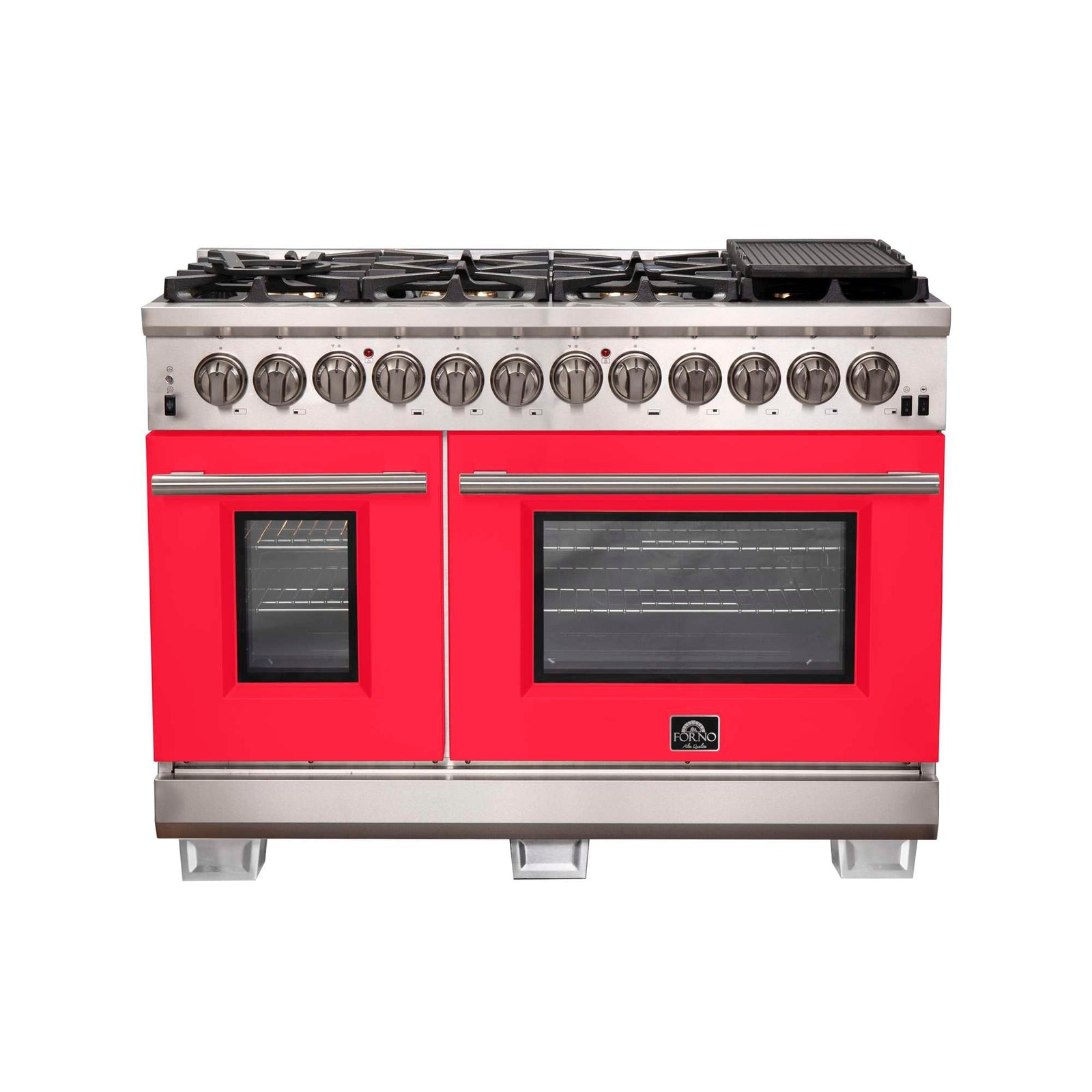 Forno Capriasca 48-Inch Freestanding Dual Fuel Range, 8 Burners, True Convection Oven, Red Doors - FFSGS6187-48RED