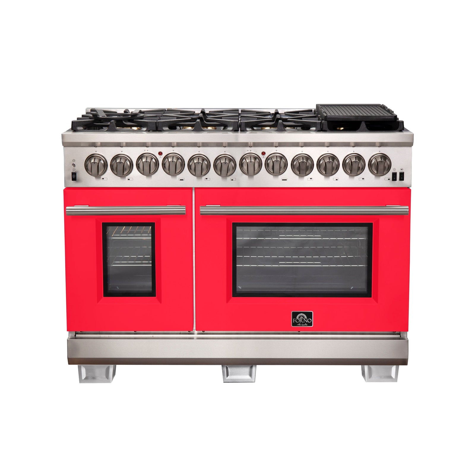 Forno Capriasca 48-Inch Freestanding Dual Fuel Range, 8 Burners, True Convection Oven, Red Doors - FFSGS6187-48RED