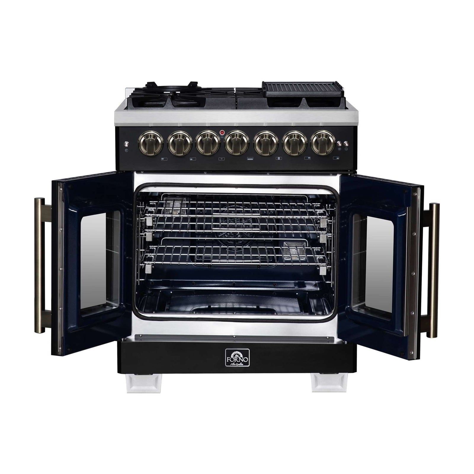 Forno Capriasca 30-Inch Freestanding French Door Dual Fuel Range in Black with Antique Brass Accessories, 5 Burners, True Convection Oven - FFSGS6387-30BLK