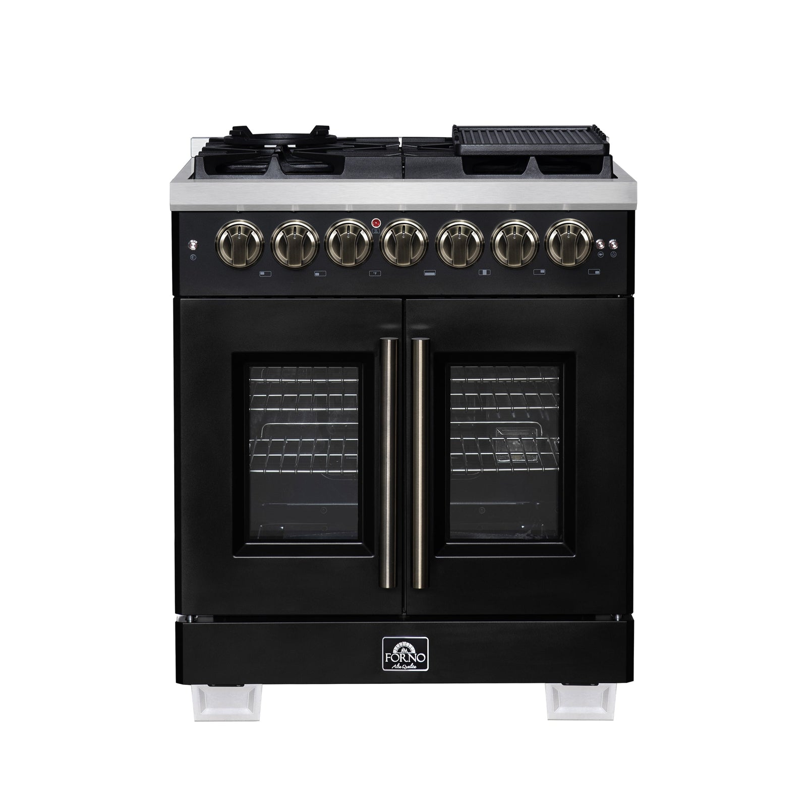 Forno Capriasca 30-Inch Freestanding French Door Dual Fuel Range in Black with Antique Brass Accessories, 5 Burners, True Convection Oven - FFSGS6387-30BLK