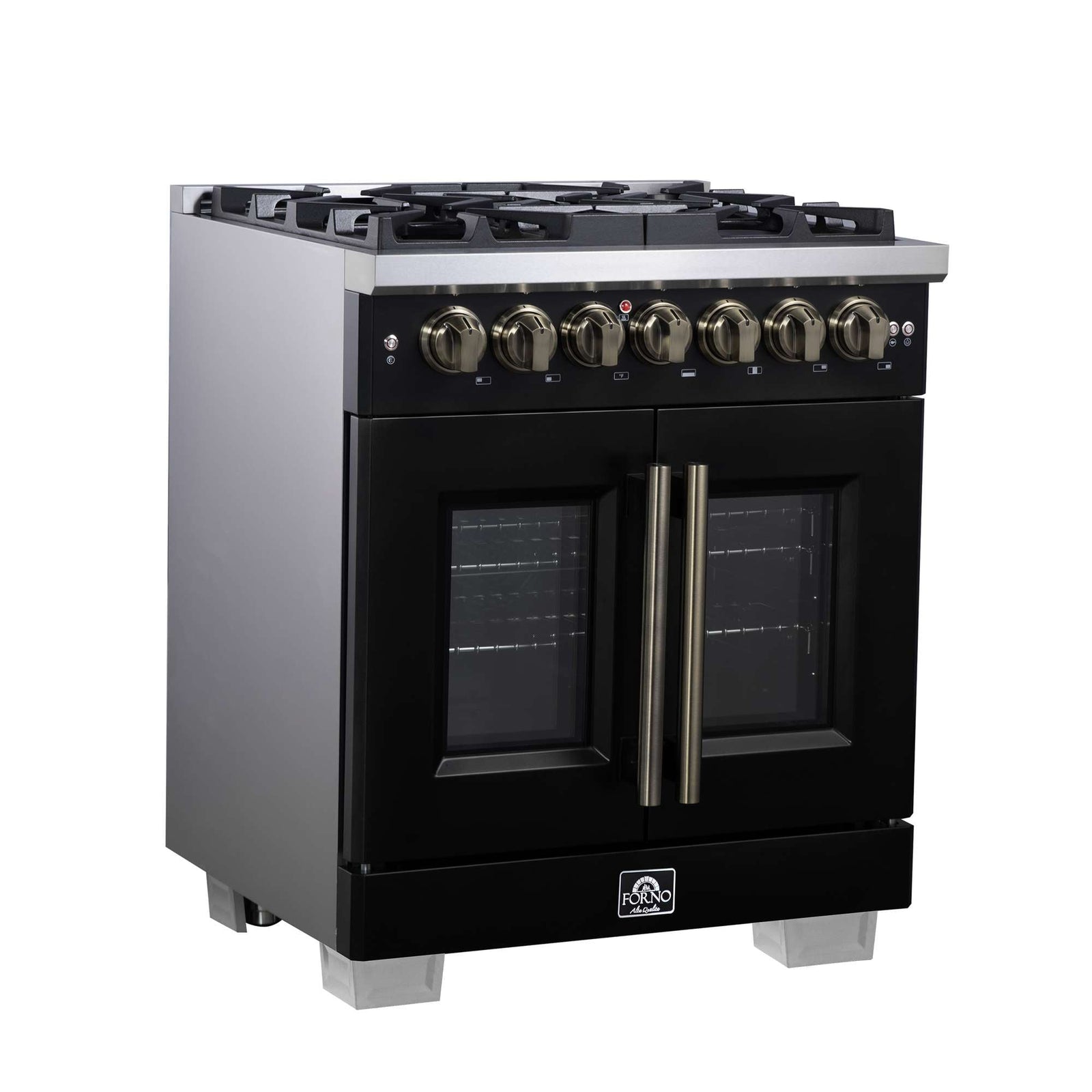 Forno Capriasca 30-Inch Freestanding French Door Dual Fuel Range in Black with Antique Brass Accessories, 5 Burners, True Convection Oven - FFSGS6387-30BLK