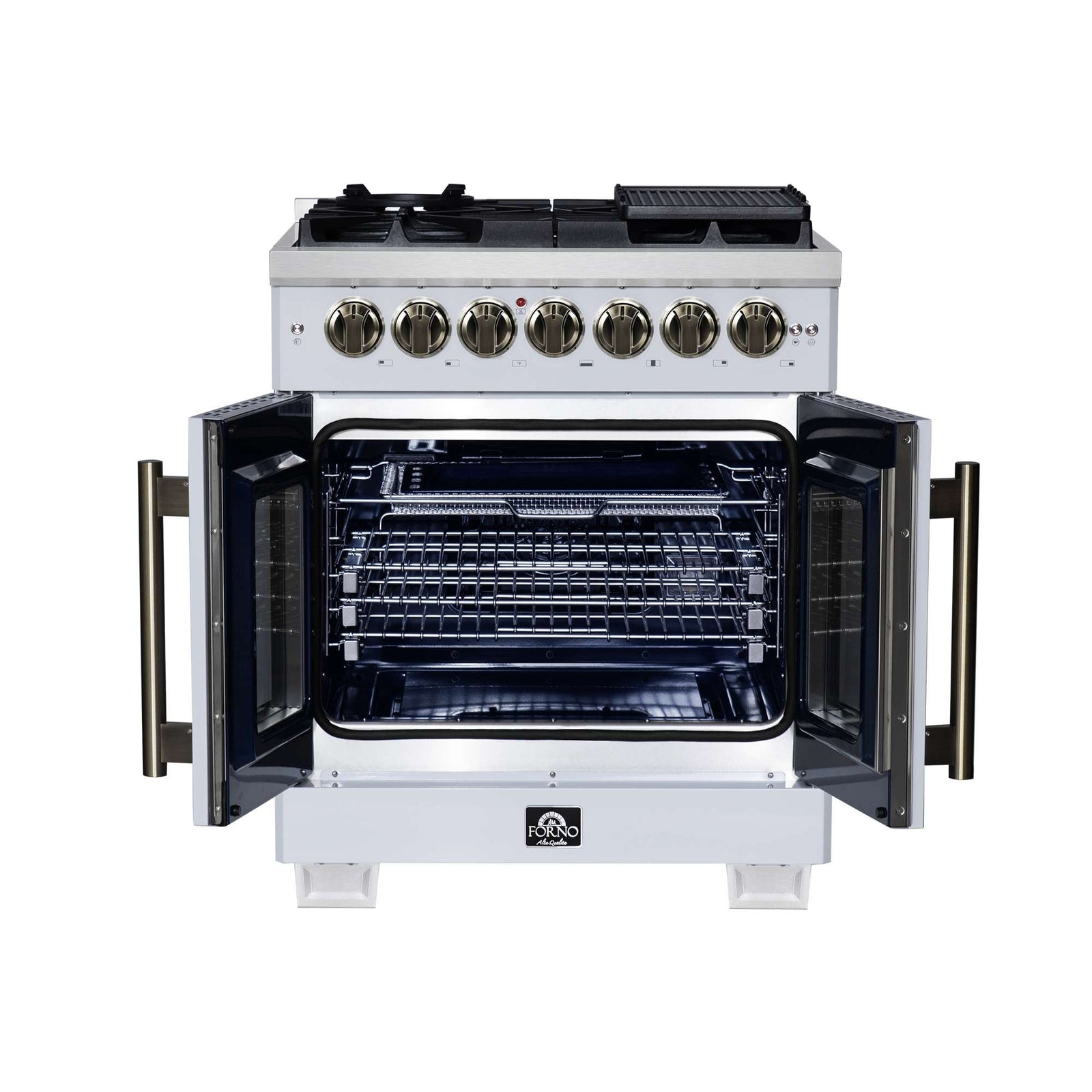 Forno Capriasca 30-Inch Freestanding French Door Dual Fuel Range in White with Antique Brass Accessories, 5 Burners, True Convection Oven - FFSGS6387-30WHT