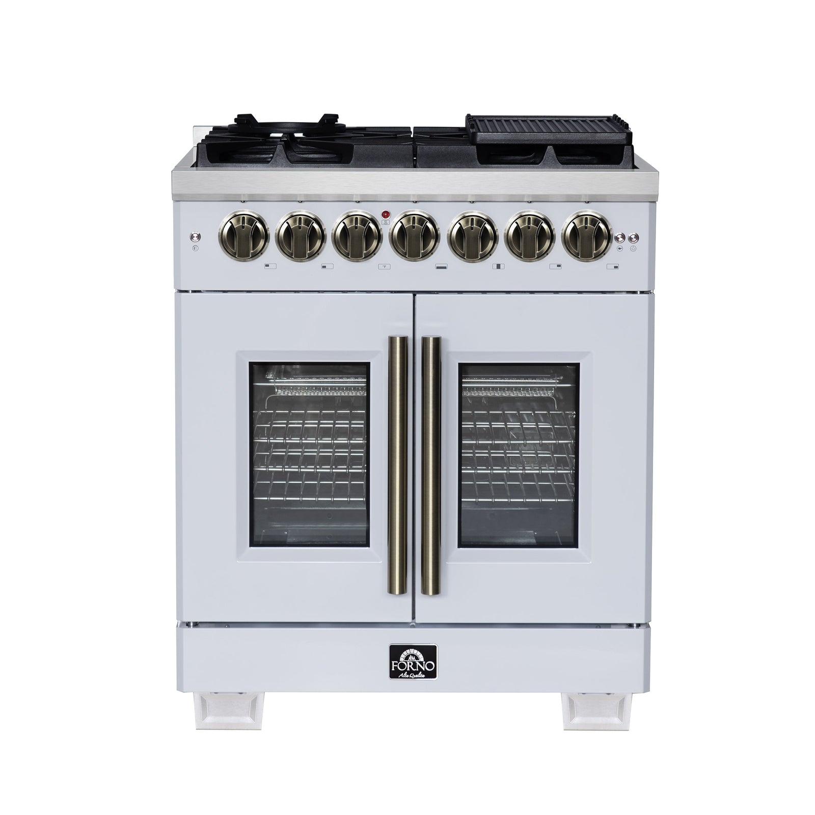 Forno Capriasca 30-Inch Freestanding French Door Dual Fuel Range in White with Antique Brass Accessories, 5 Burners, True Convection Oven - FFSGS6387-30WHT