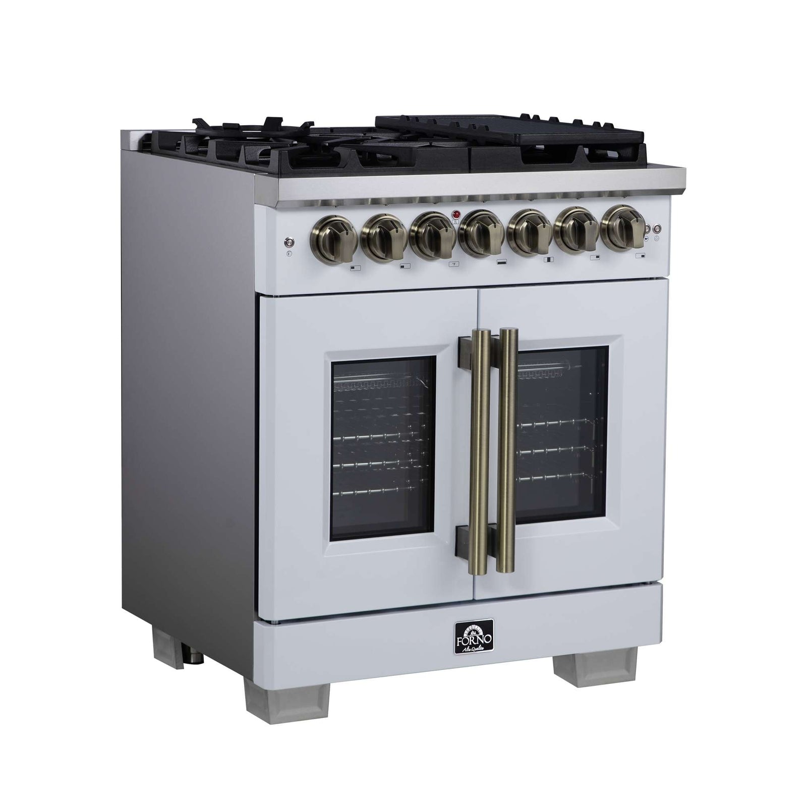 Forno Capriasca 30-Inch Freestanding French Door Dual Fuel Range in White with Antique Brass Accessories, 5 Burners, True Convection Oven - FFSGS6387-30WHT