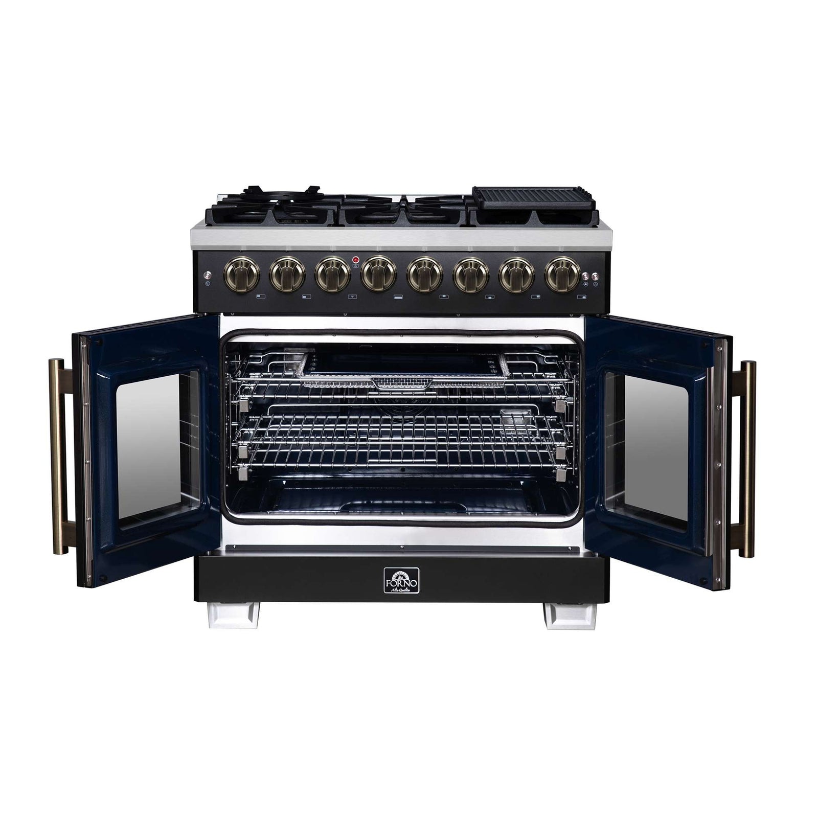 Forno Capriasca 36 Inch Freestanding French Door Dual Fuel Range in Black with Antique Brass Accessories, 6 Burners, True Convection Oven - FFSGS6387-36BLK