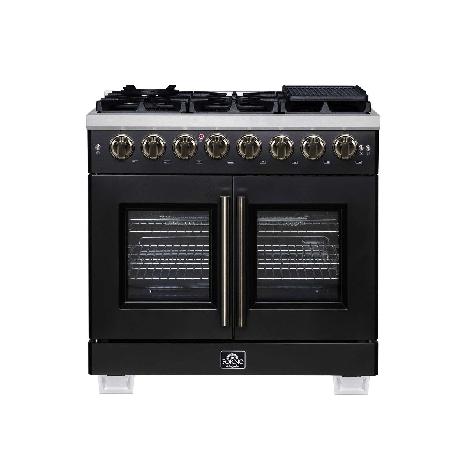 Forno Capriasca 36 Inch Freestanding French Door Dual Fuel Range in Black with Antique Brass Accessories, 6 Burners, True Convection Oven - FFSGS6387-36BLK
