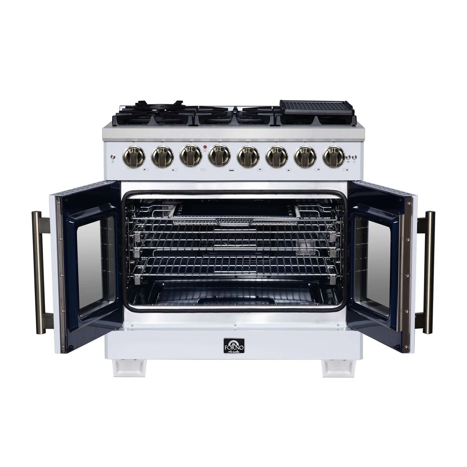 Forno Capriasca 36 Inch Freestanding French Door Dual Fuel Range in White with Antique Brass Accessories, 6 Burners, True Convection Oven - FFSGS6387-36WHT