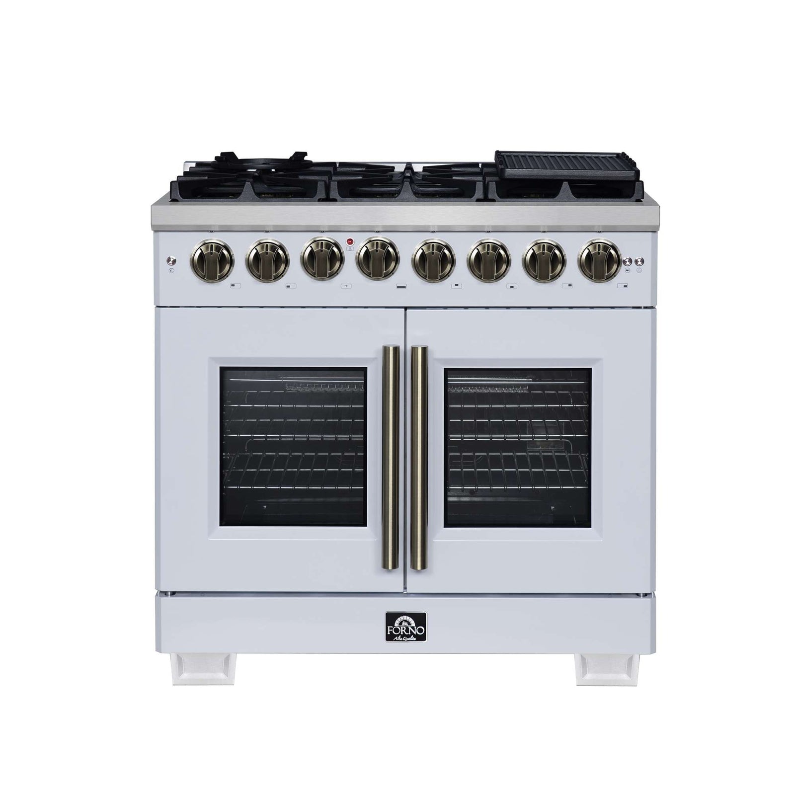 Forno Capriasca 36 Inch Freestanding French Door Dual Fuel Range in White with Antique Brass Accessories, 6 Burners, True Convection Oven - FFSGS6387-36WHT