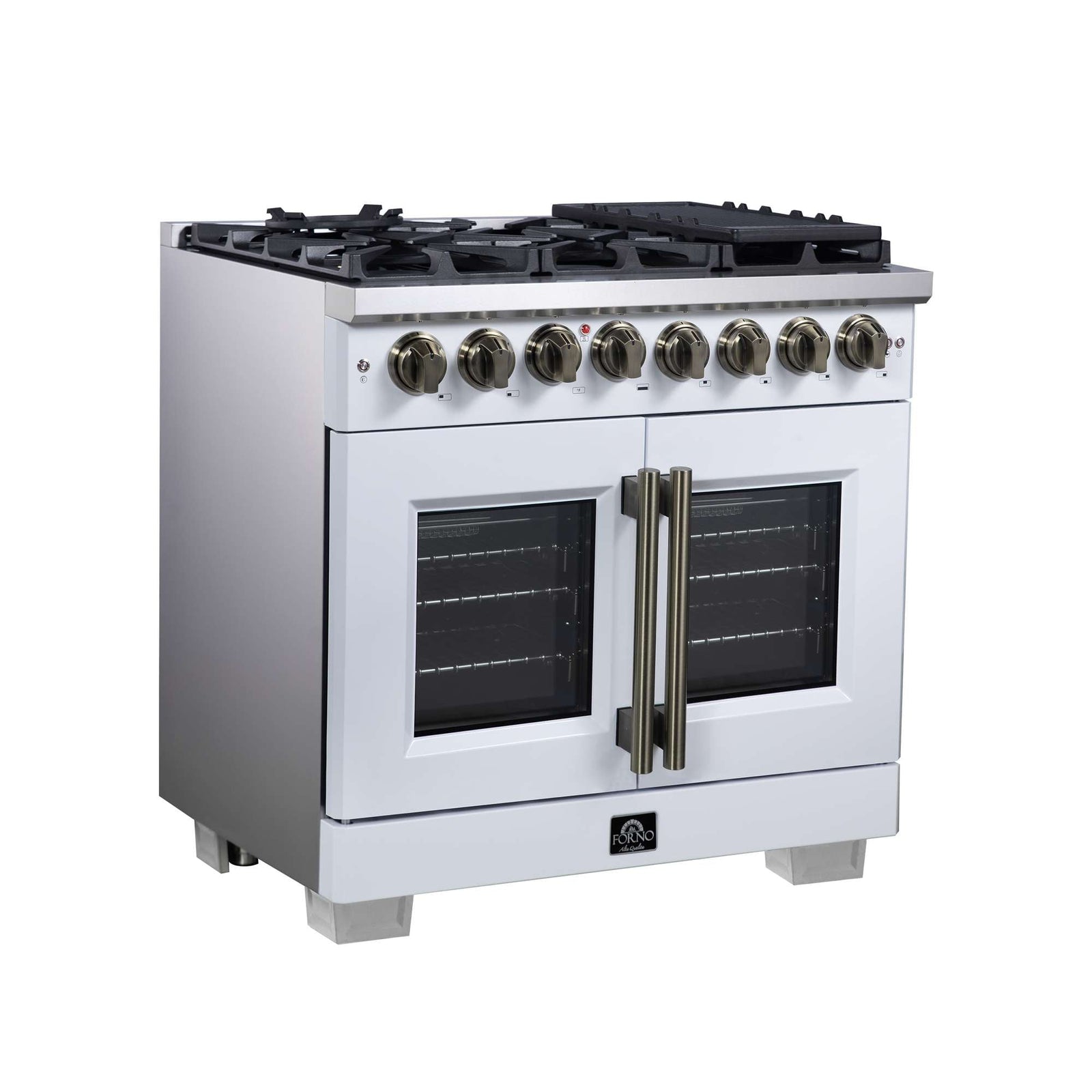 Forno Capriasca 36 Inch Freestanding French Door Dual Fuel Range in White with Antique Brass Accessories, 6 Burners, True Convection Oven - FFSGS6387-36WHT