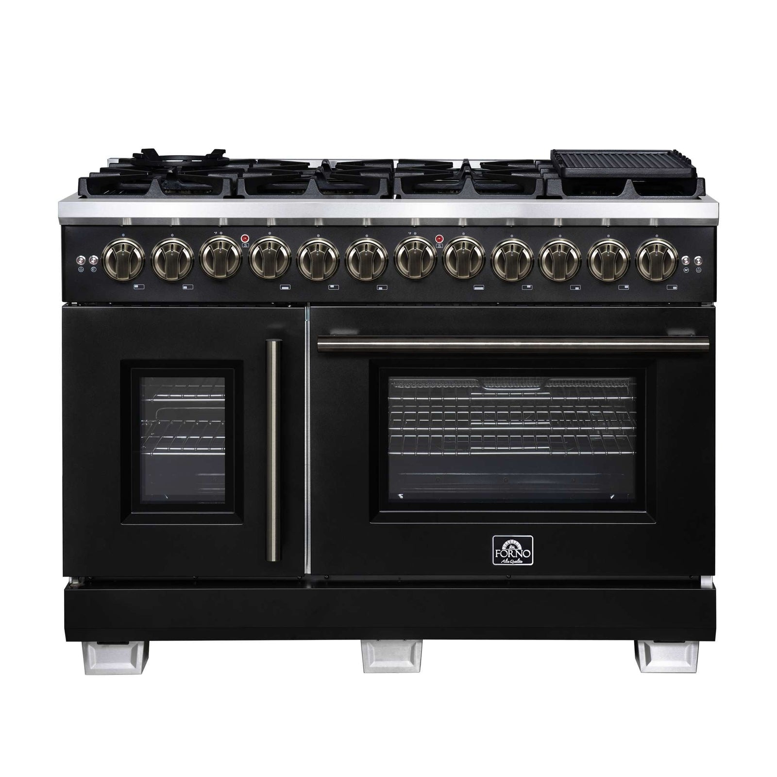 Forno Capriasca 48 Inch Freestanding French Door Dual Fuel Range in Black with Antique Brass Accessories, 8 Burners, True Convection Oven - FFSGS6387-48BLK