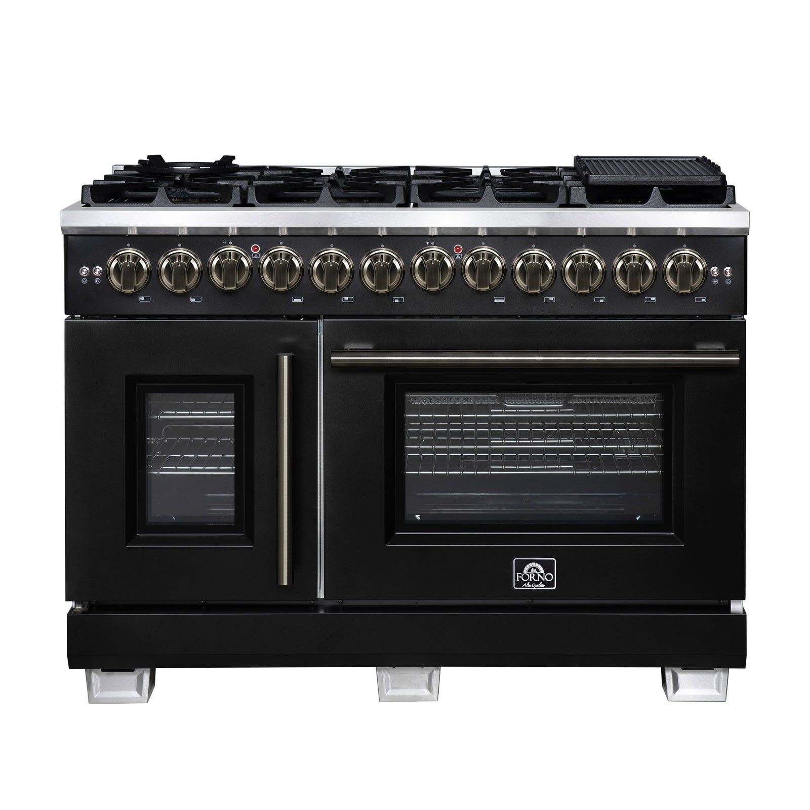 Forno Capriasca 48 Inch Freestanding French Door Dual Fuel Range in Black with Antique Brass Accessories, 8 Burners, True Convection Oven - FFSGS6387-48BLK