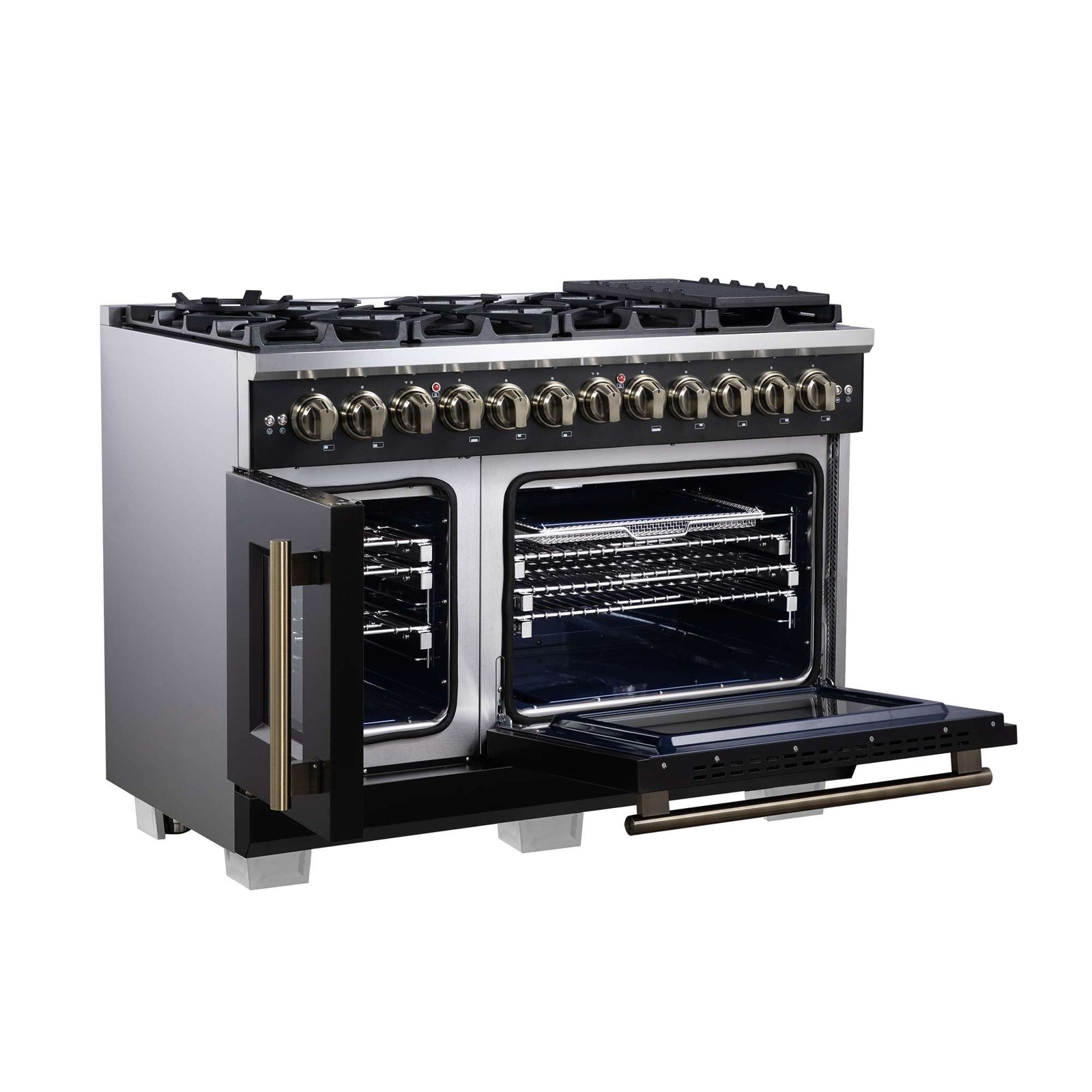 Forno Capriasca 48 Inch Freestanding French Door Dual Fuel Range in Black with Antique Brass Accessories, 8 Burners, True Convection Oven - FFSGS6387-48BLK