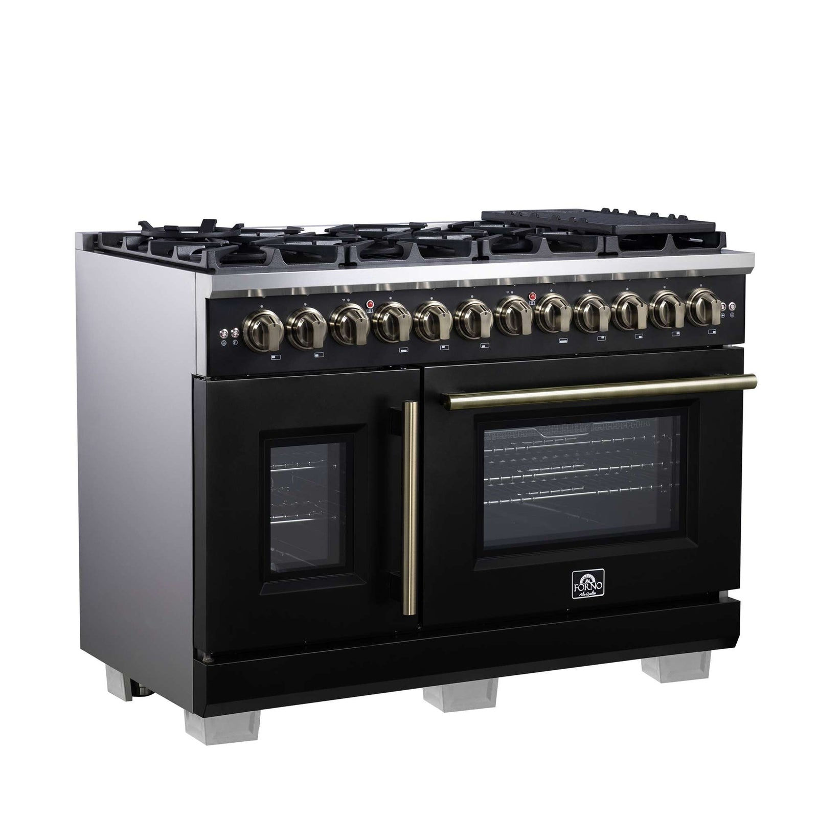 Forno Capriasca 48 Inch Freestanding French Door Dual Fuel Range in Black with Antique Brass Accessories, 8 Burners, True Convection Oven - FFSGS6387-48BLK