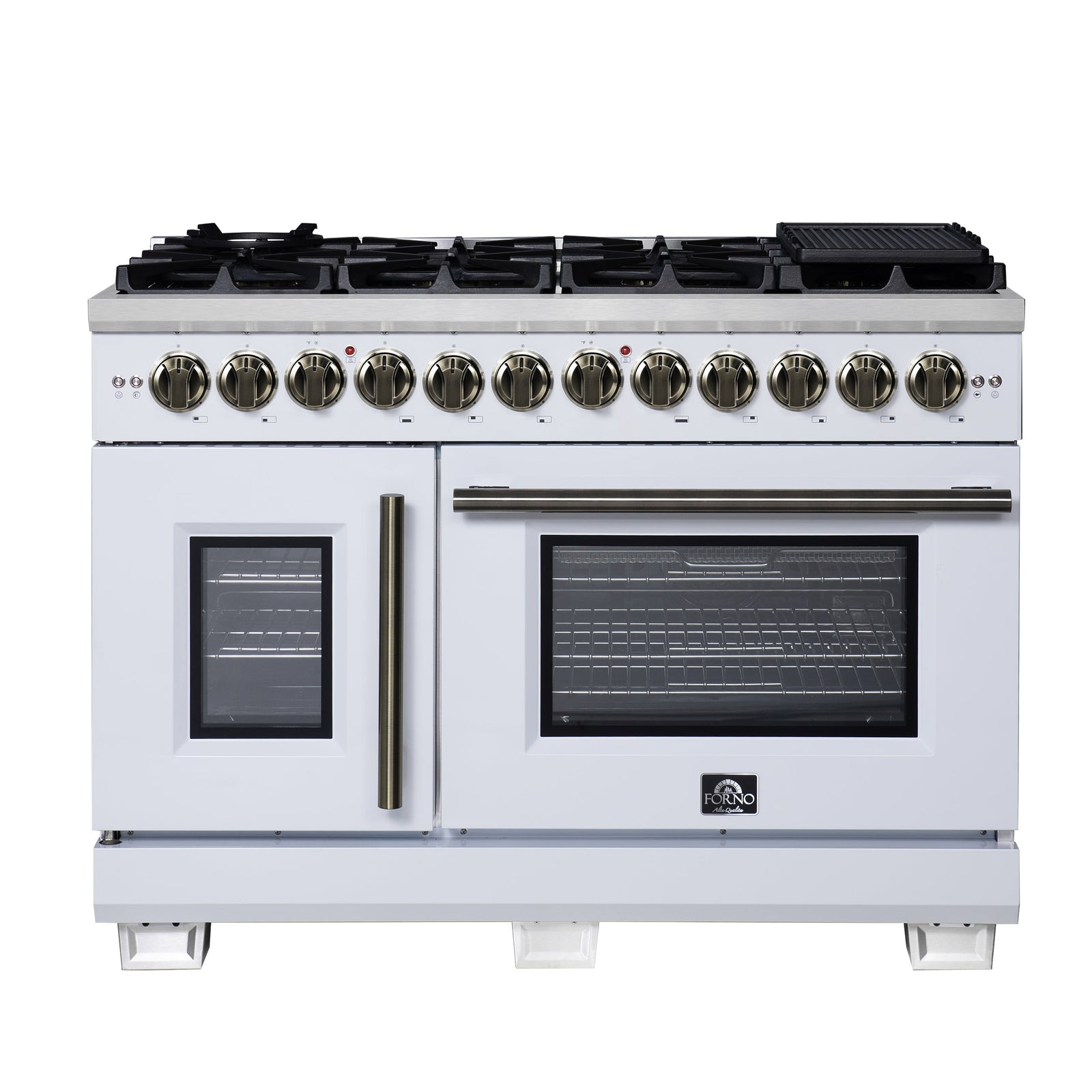 Forno Capriasca 48 Inch Freestanding French Door Dual Fuel Range in White with Antique Brass Accessories, 8 Burners, True Convection Oven - FFSGS6387-48WHT