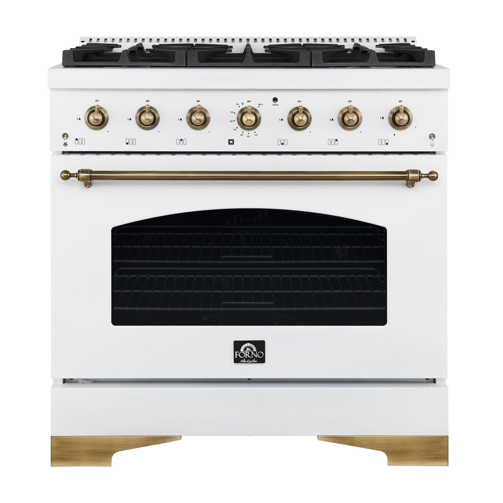 Forno Antico 36-inch Dual Fuel Range White and Antique Brass Design with 6 Sealed Gas Burners and Electric Convection Oven - FFSGS6113-36WHT