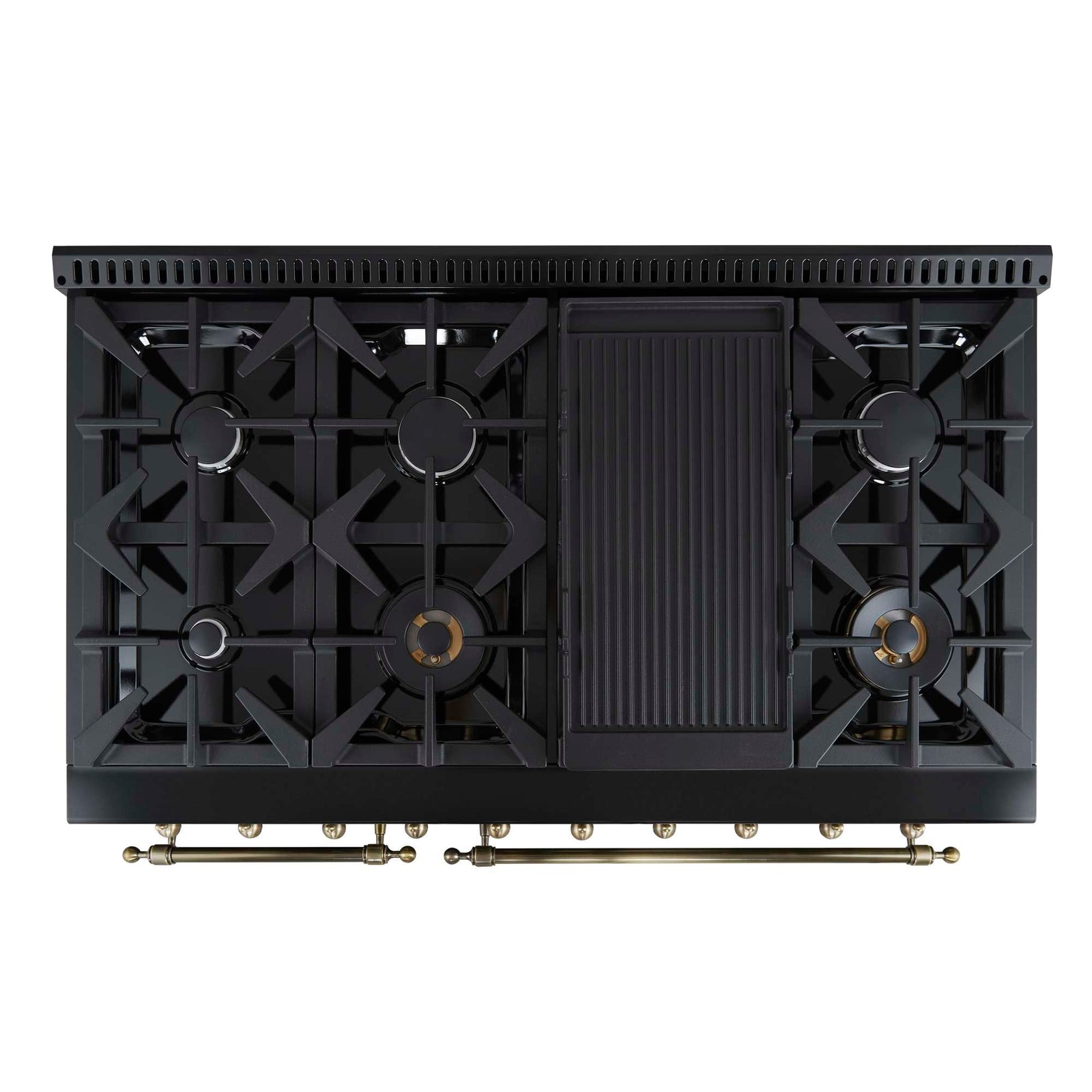 Forno Antico 48-Inch Dual Fuel Range, Black with Antique Brass Finish, 8 Burners, 94,000 BTU, 5.5 cu.ft. Double Ovens & Griddle - FFSGS6113-48BLK