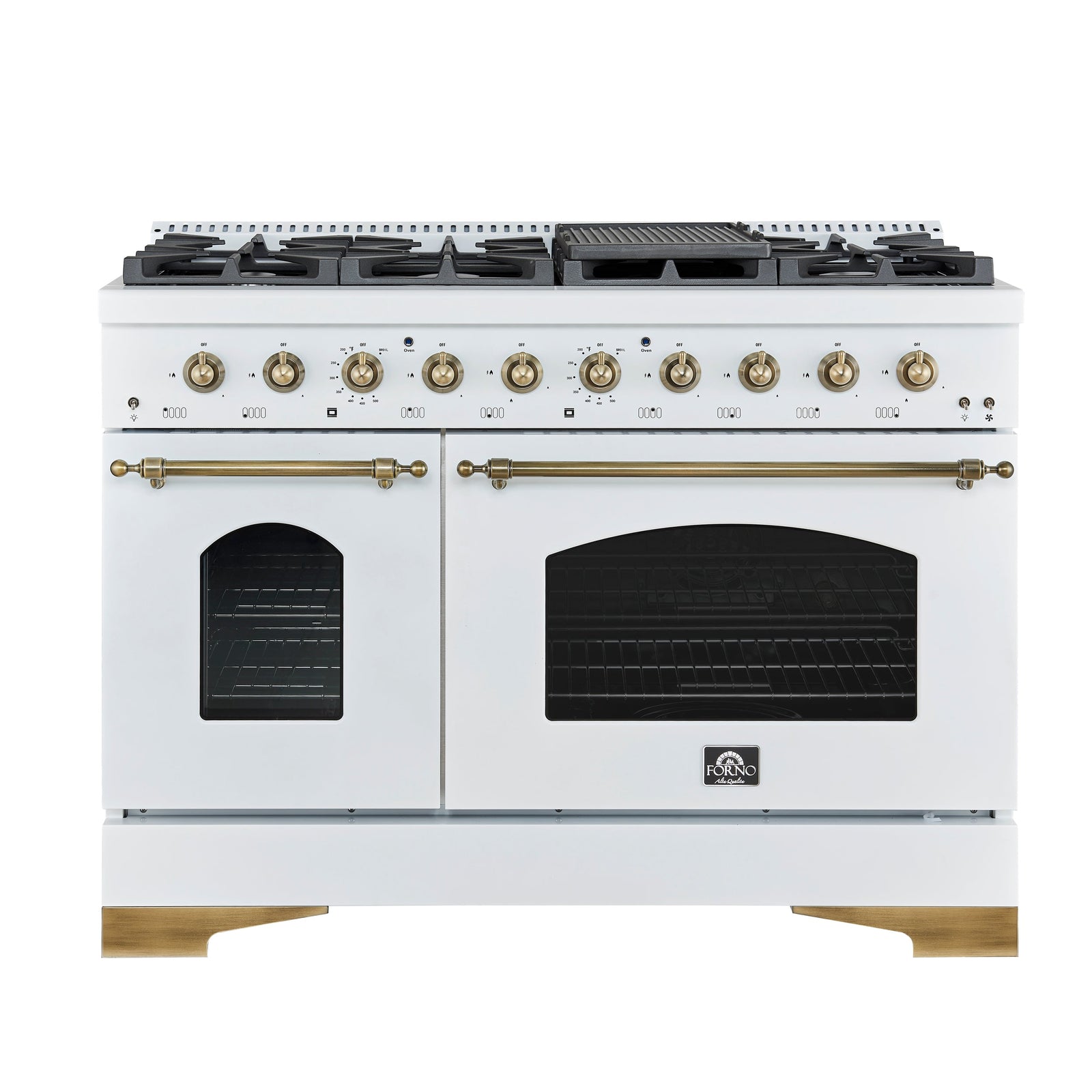 Forno Antico 48-Inch Dual Fuel Range, White with Antique Brass Finish, 8 Burners, 94,000 BTU, 5.5 cu.ft. Double Ovens & Griddle - FFSGS6113-48WHT